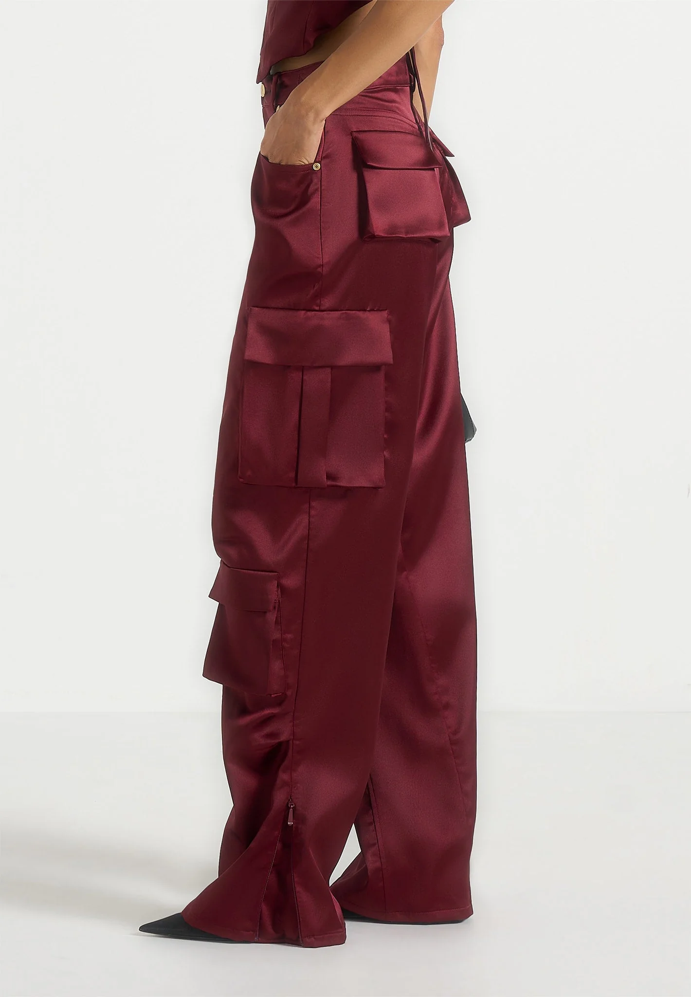 Emilie - Satin High Waisted Cargo Pants - Wine Red - Image 3
