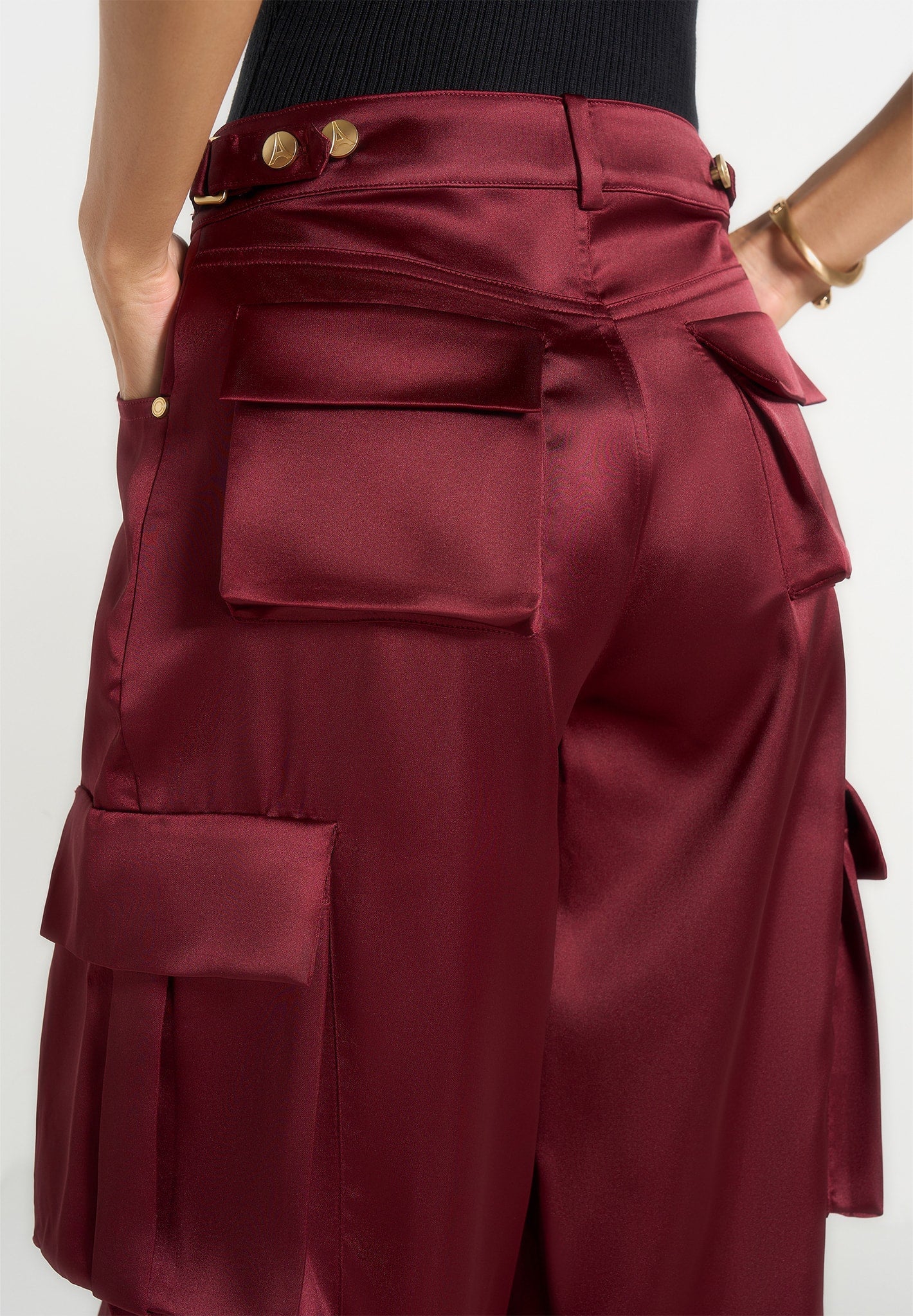 Emilie - Satin High Waisted Cargo Pants - Wine Red - Image 4