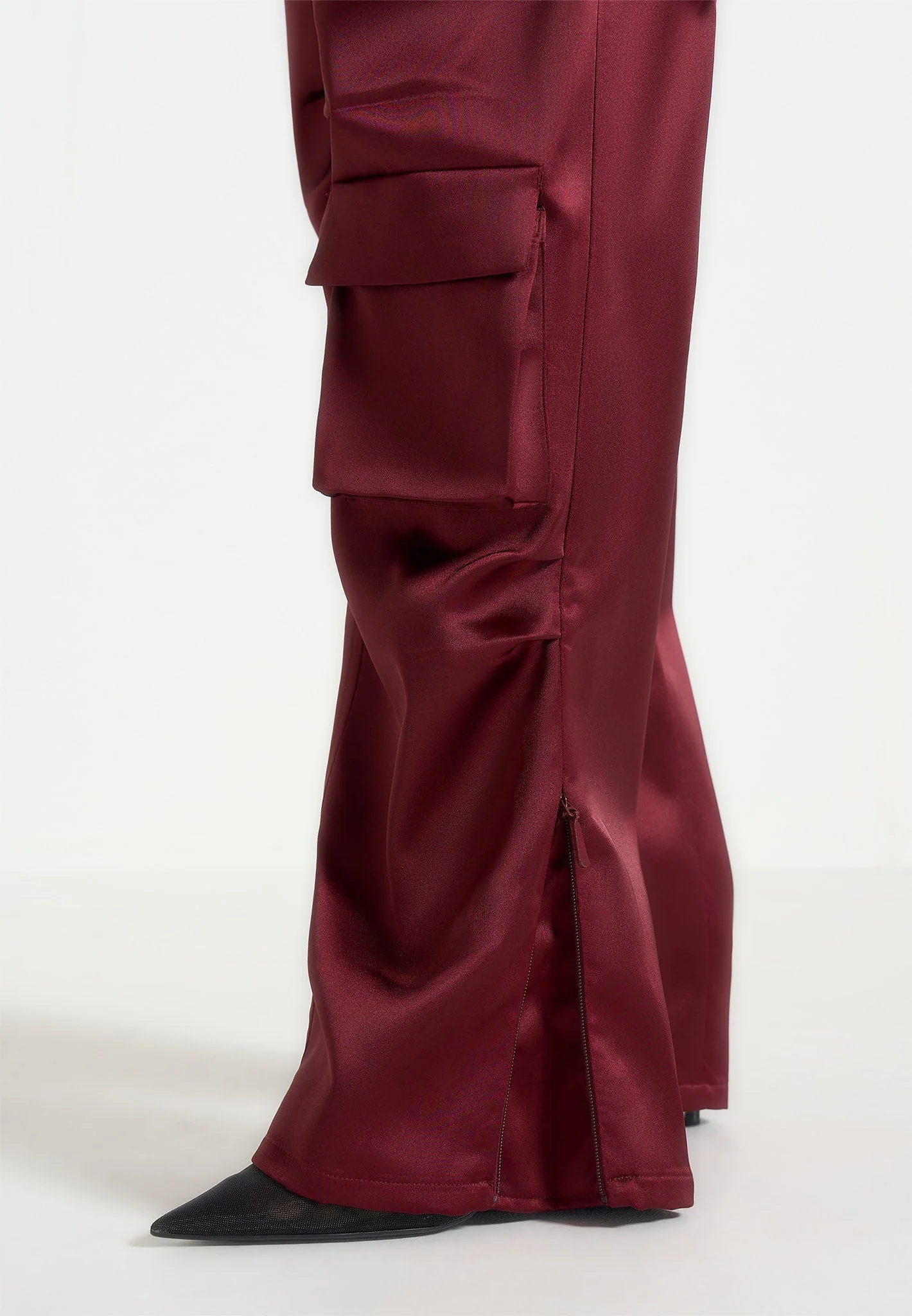 Emilie - Satin High Waisted Cargo Pants - Wine Red - Image 5