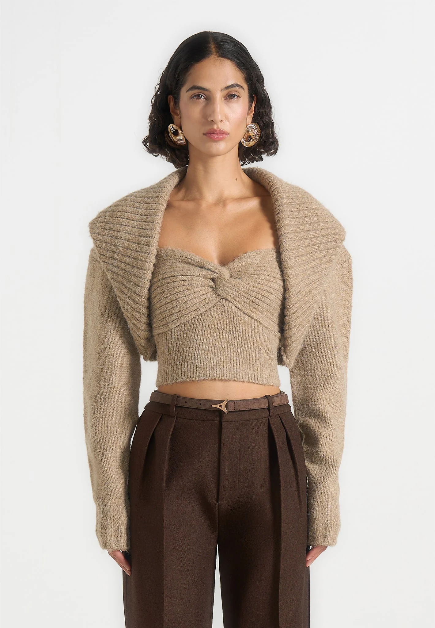 Emya - 2-in-1 Knit Shrug With Twisted Bandeau Top - Taupe - Image 4