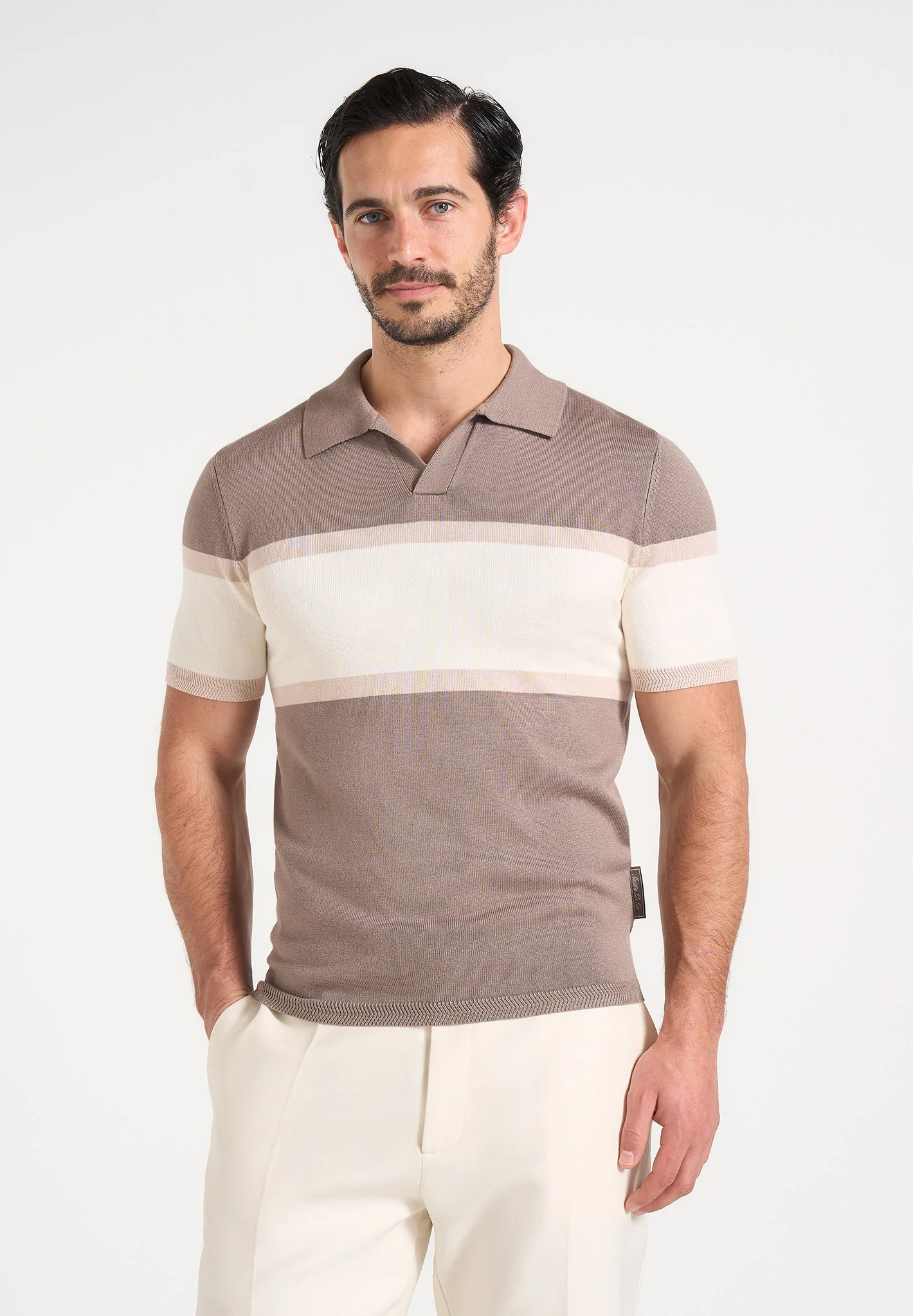Enzo - Colour Block Polo Top - Mushroom - Image 2