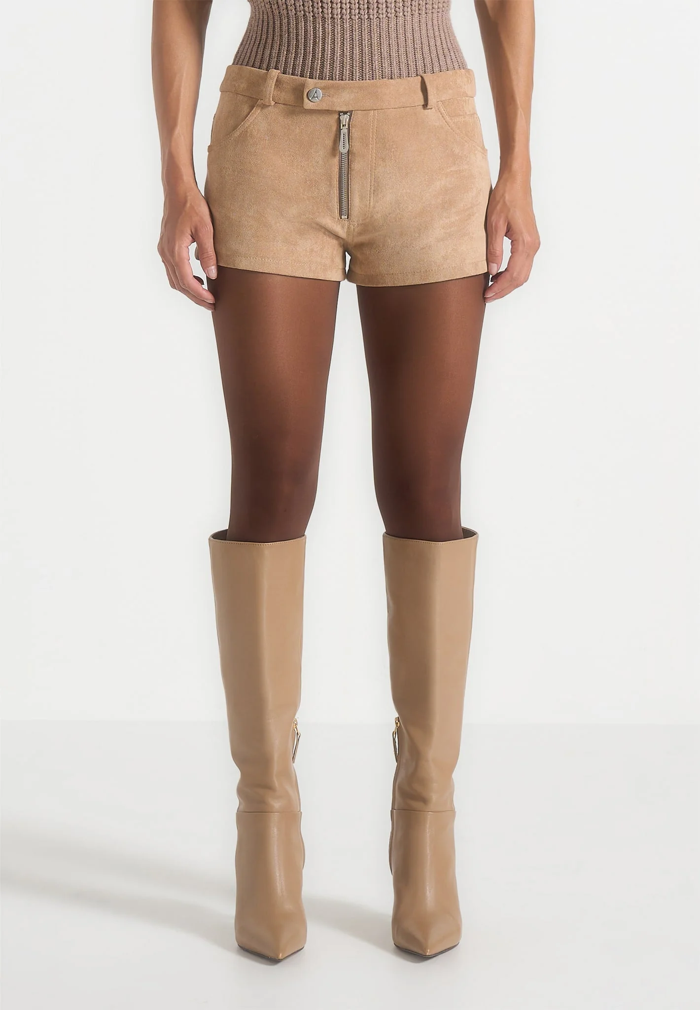 Fara - Suede Mini Shorts - Beige - Image 3