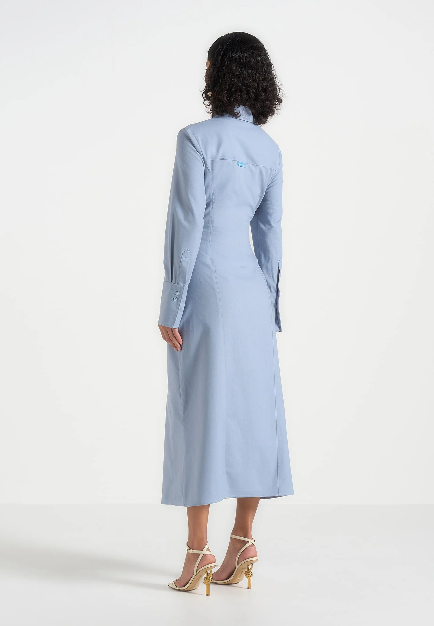 Fern - Linen Midi Shirt Dress With Tie Waist - Blue - Image 3