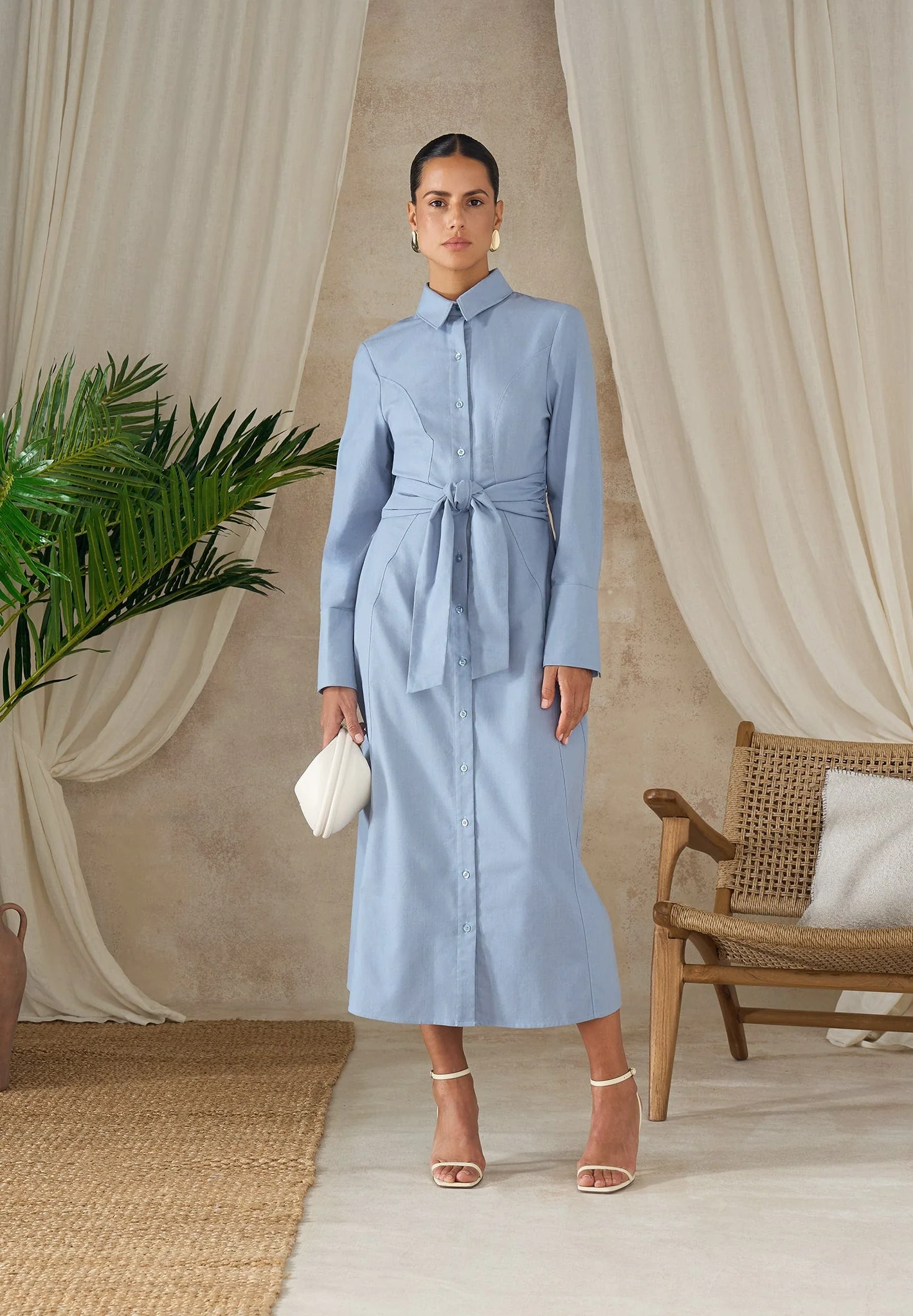 Fern - Linen Midi Shirt Dress With Tie Waist - Blue - Image 4