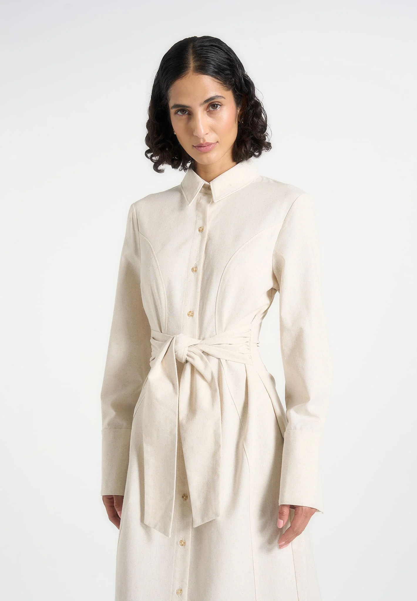 Fern - Linen Midi Shirt Dress With Tie Waist - Natural - Image 3