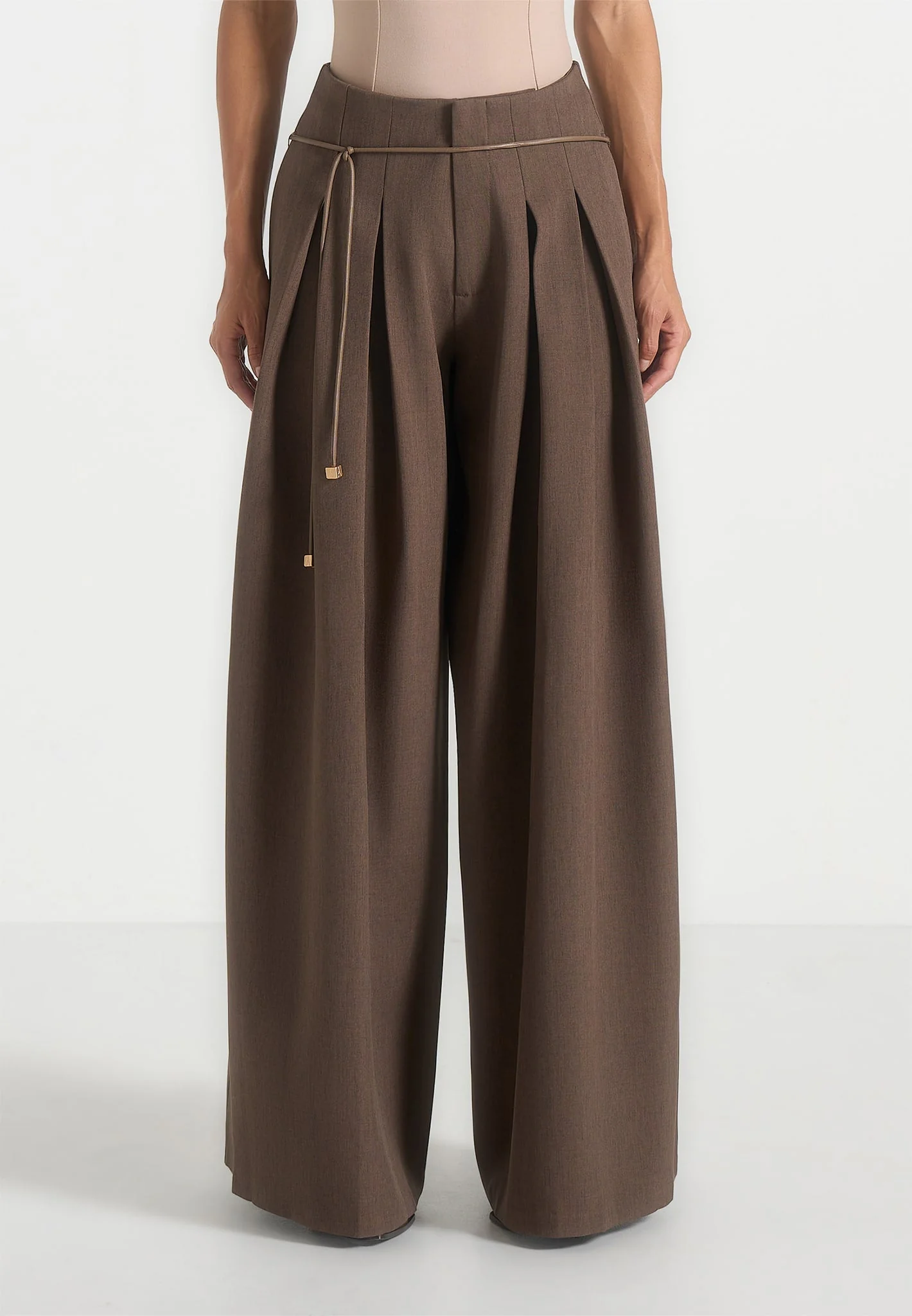 Flora - Box Pleat Wide Leg Belted Trousers - Brown - Image 3
