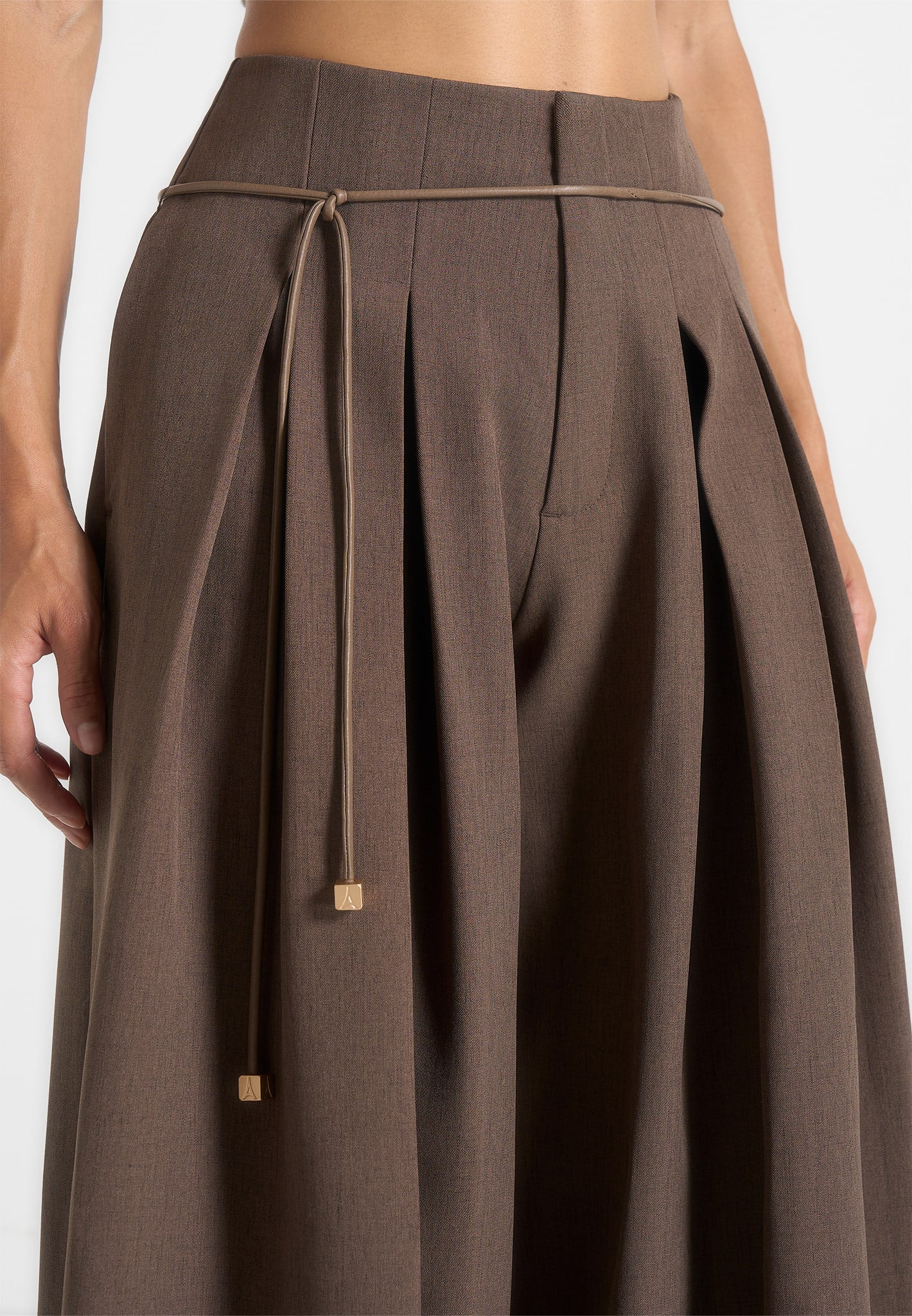 Flora - Box Pleat Wide Leg Belted Trousers - Brown - Image 4