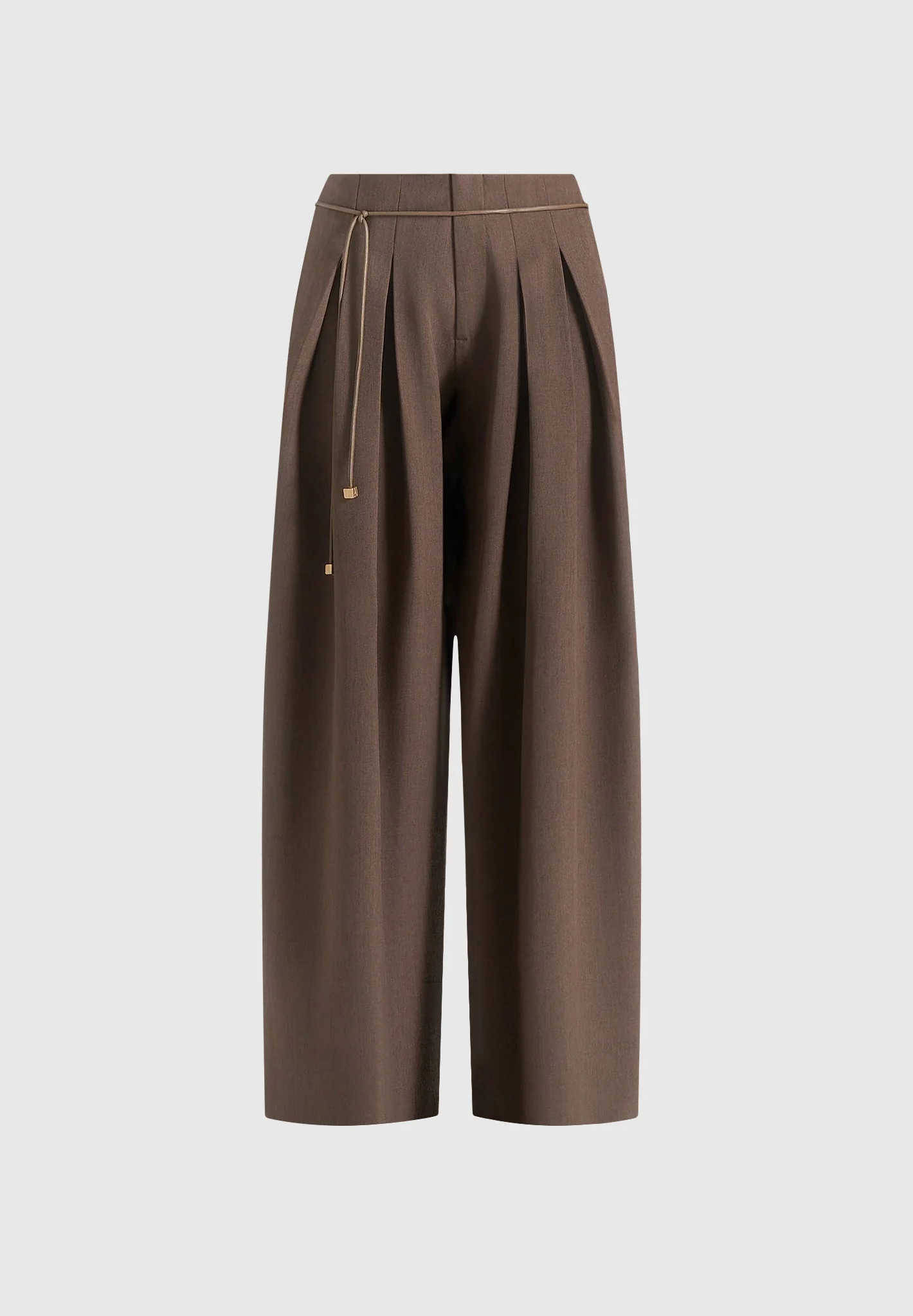Flora - Box Pleat Wide Leg Belted Trousers - Brown - Image 7