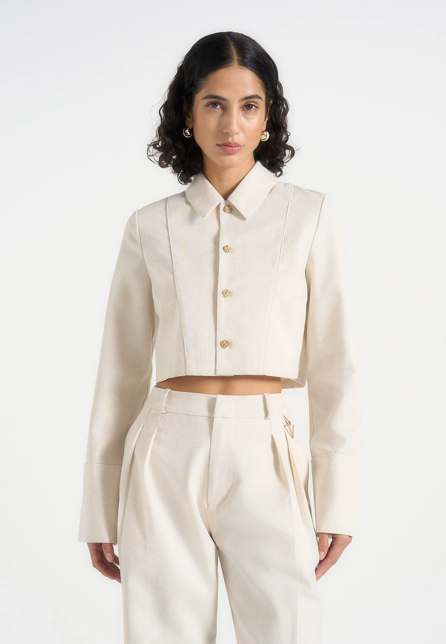 Florine - Linen Pintuck Cropped Shirt - Natural - Image 2