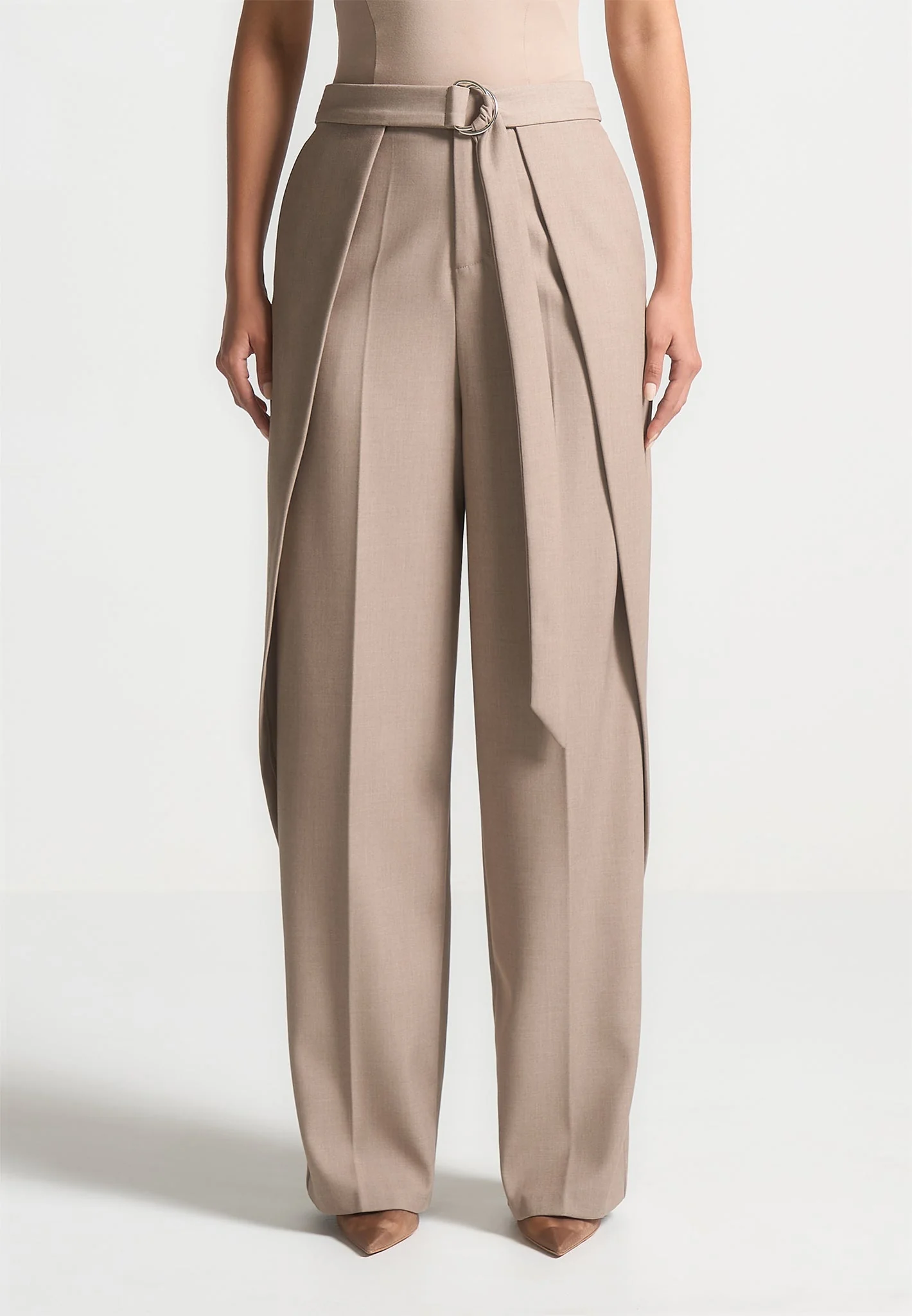 Foldover Tailored Trousers with D-Ring Belt - Taupe - Image 4