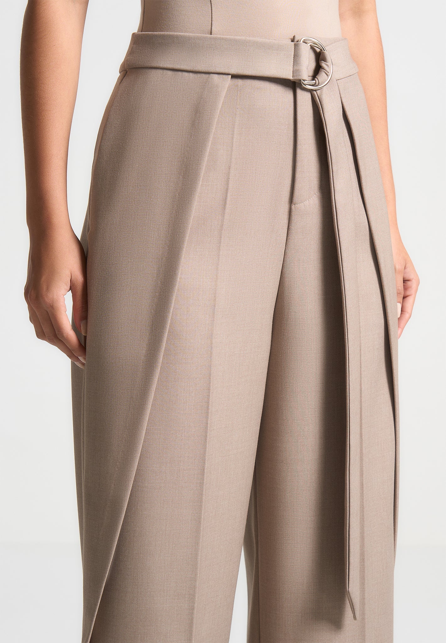 Foldover Tailored Trousers with D-Ring Belt - Taupe - Image 5