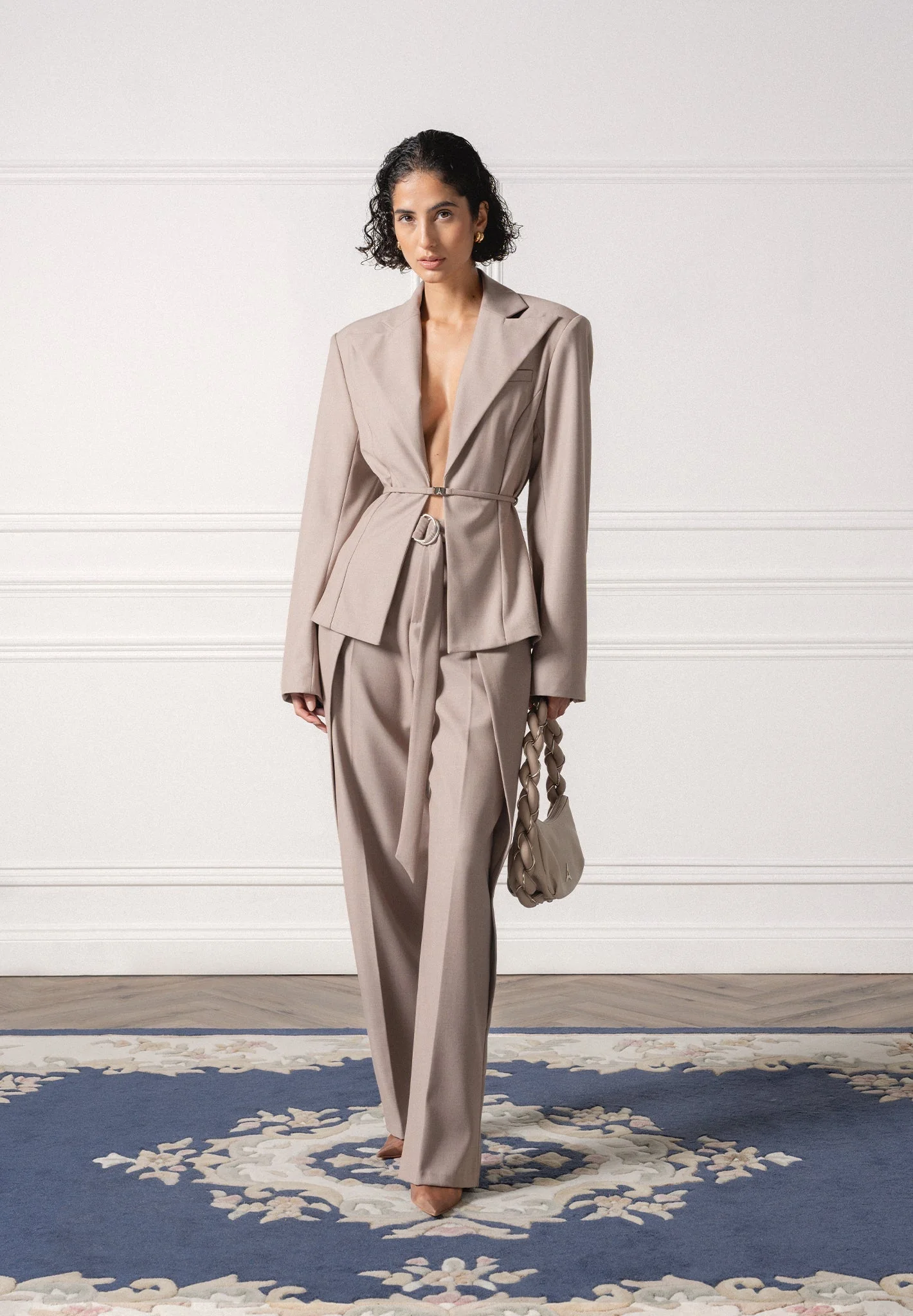 Foldover Tailored Trousers with D-Ring Belt - Taupe - Image 6