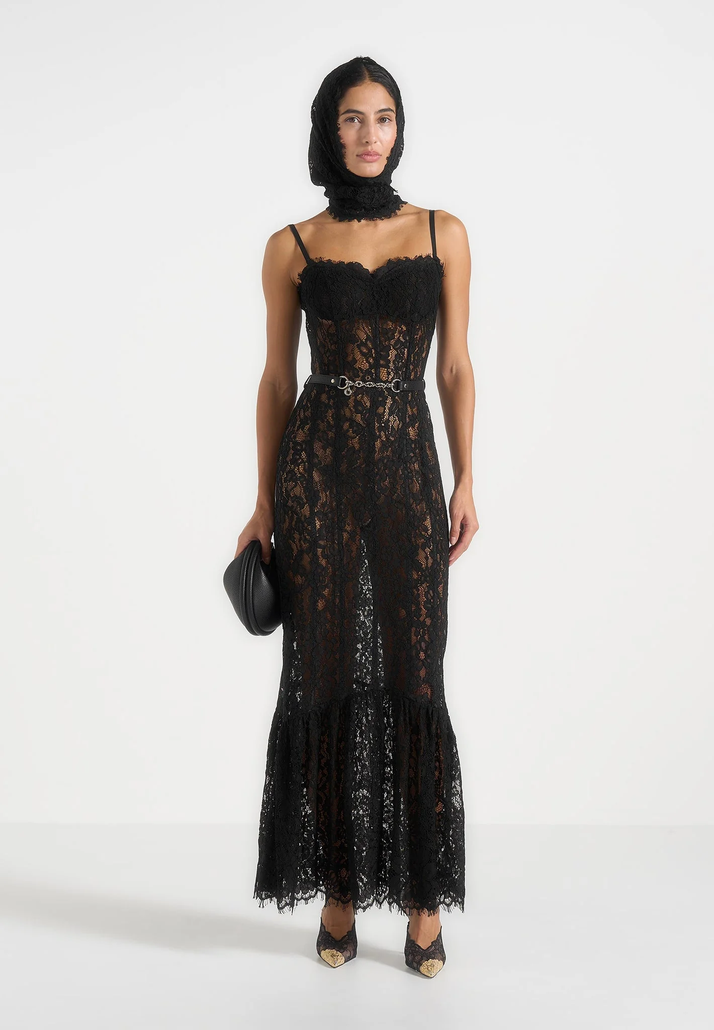 Freya - Belted Lace Maxi Dress - Black