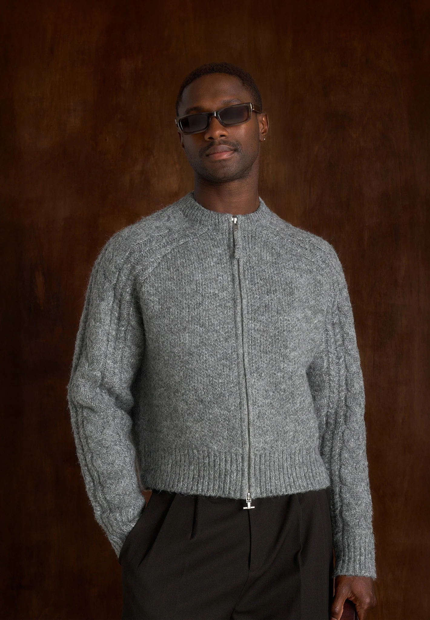 Gaby - Speckled Cable Knit Zip Cardigan - Grey - Image 2