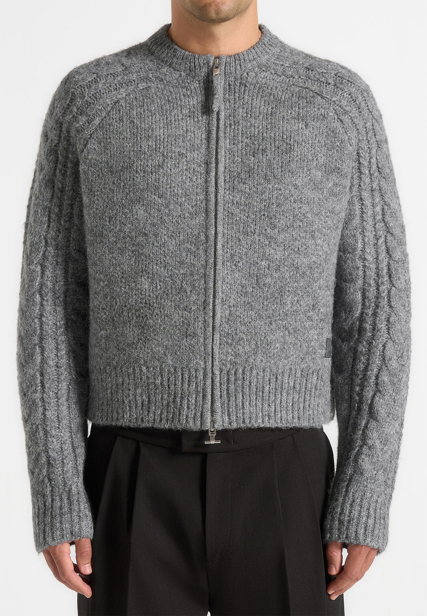 Gaby - Speckled Cable Knit Zip Cardigan - Grey - Image 4