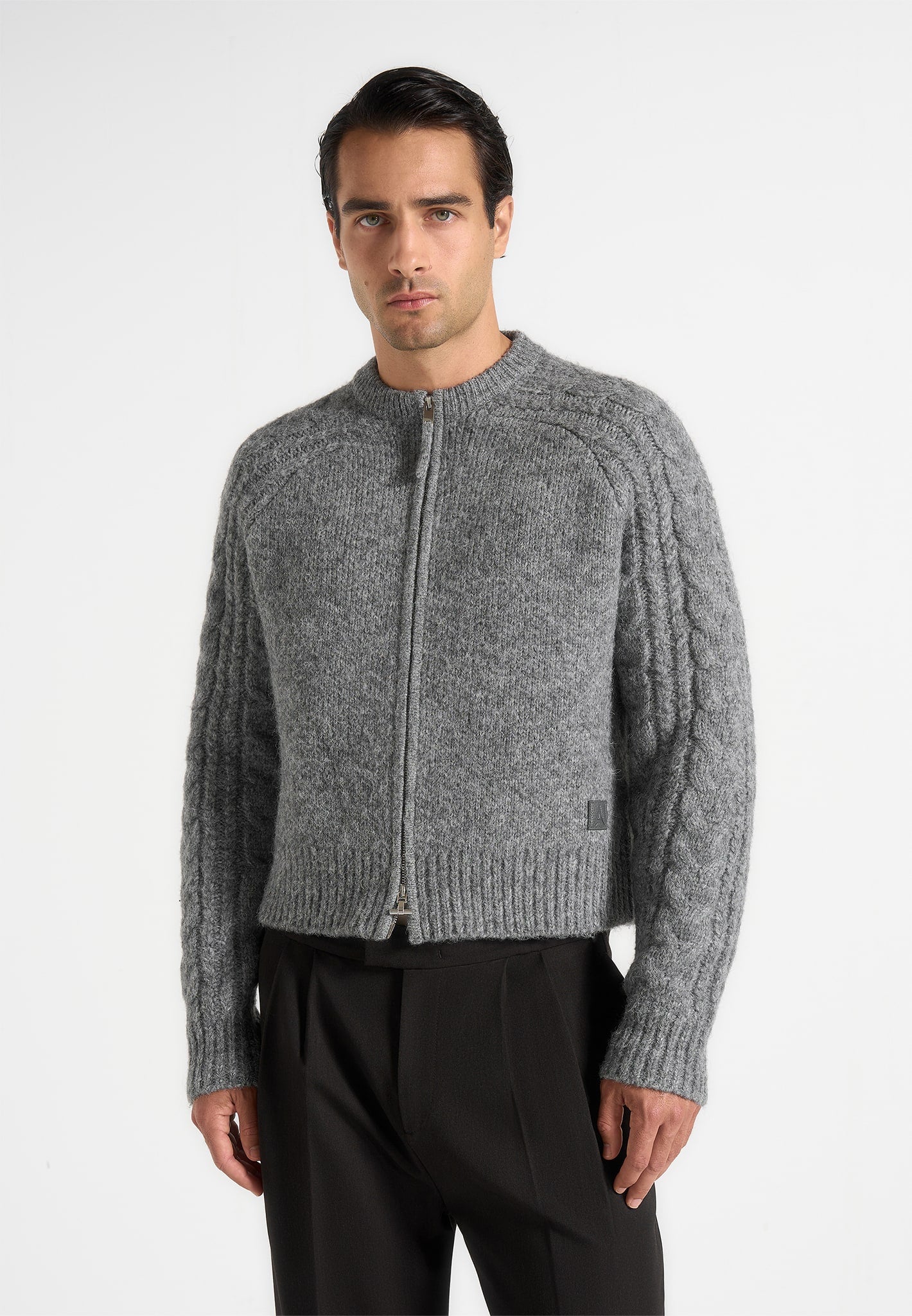 Gaby - Speckled Cable Knit Zip Cardigan - Grey - Image 5
