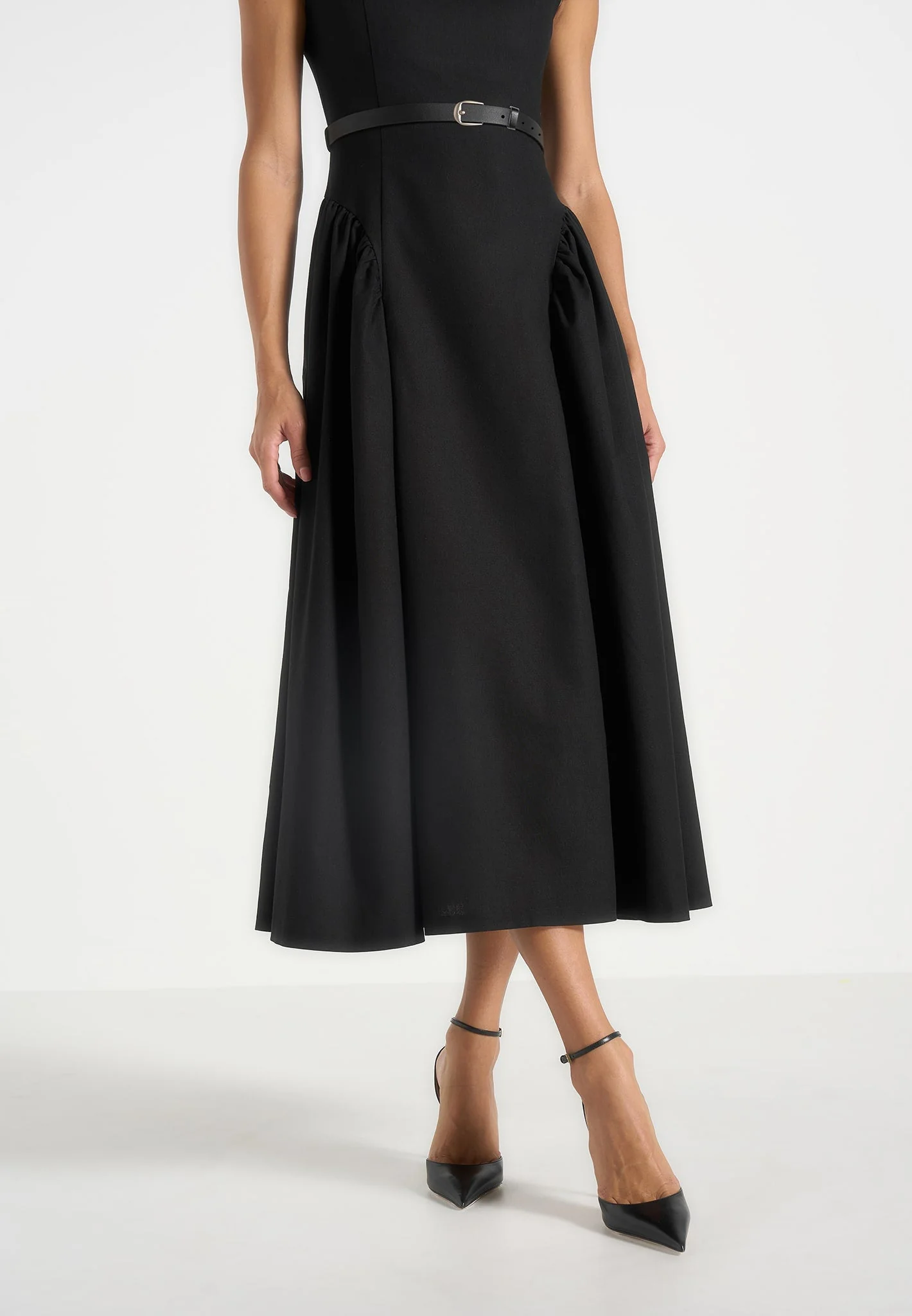 Gaia - Boat Neck Belted Pleated Midi Dress - Black - Image 3