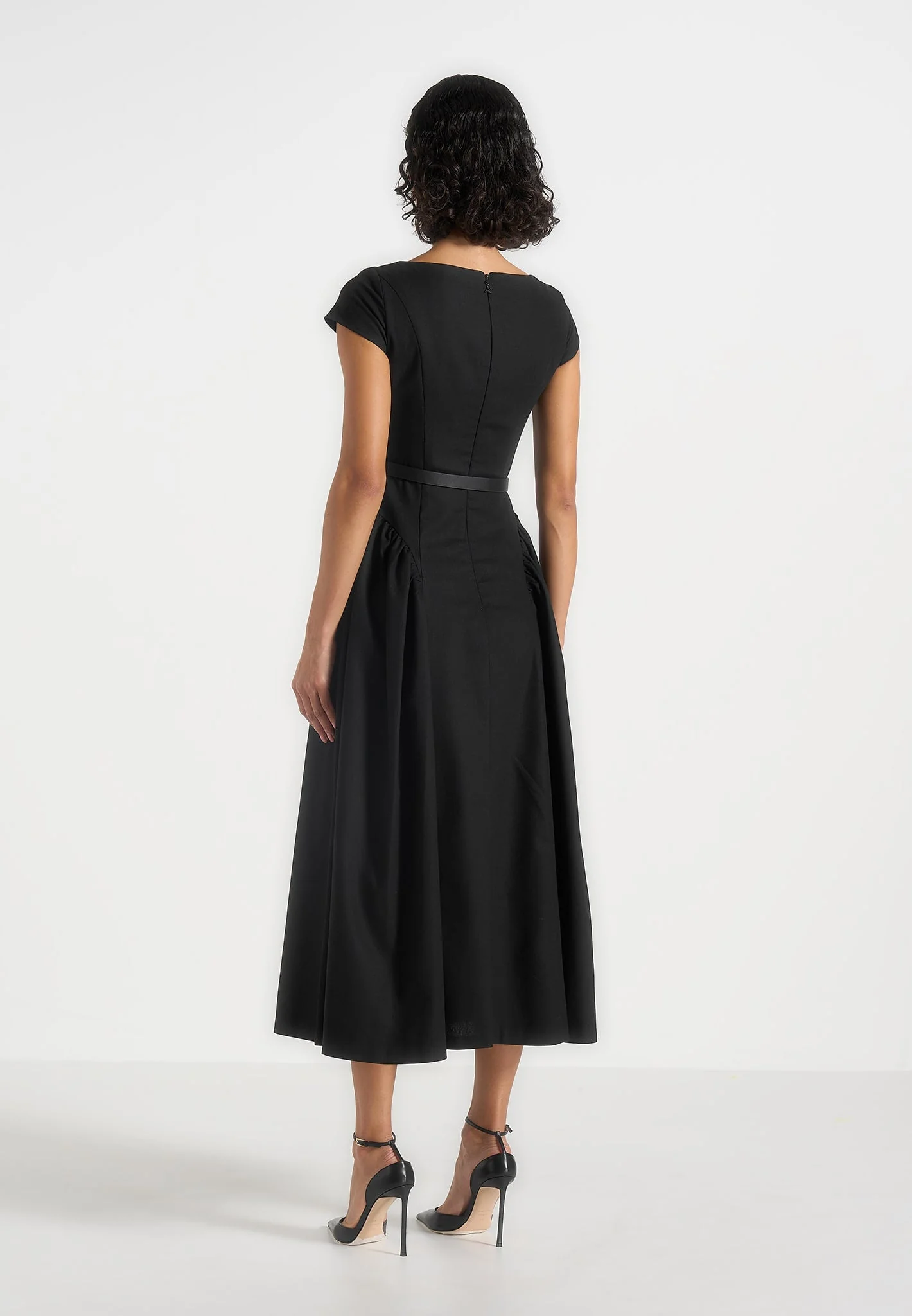 Gaia - Boat Neck Belted Pleated Midi Dress - Black - Image 4