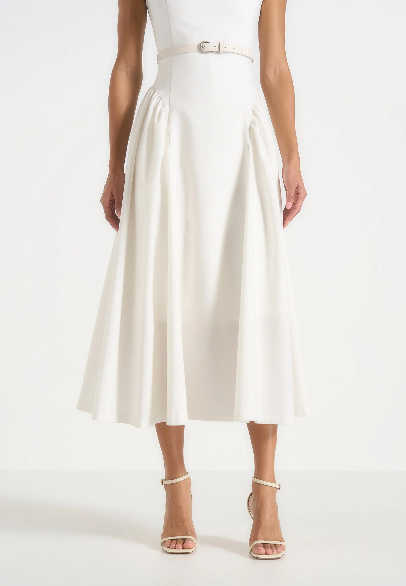 Gaia - Boat Neck Belted Pleated Midi Dress - White - Image 3