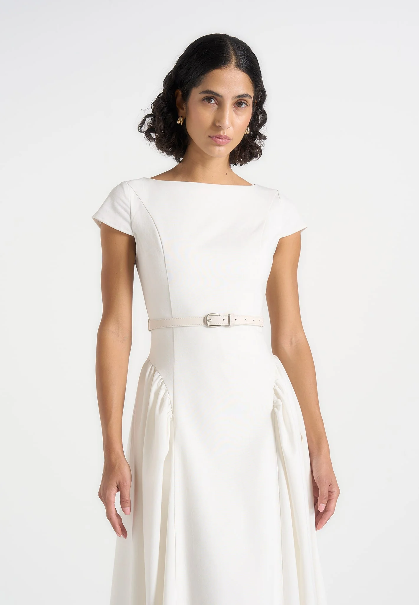 Gaia - Boat Neck Belted Pleated Midi Dress - White - Image 4