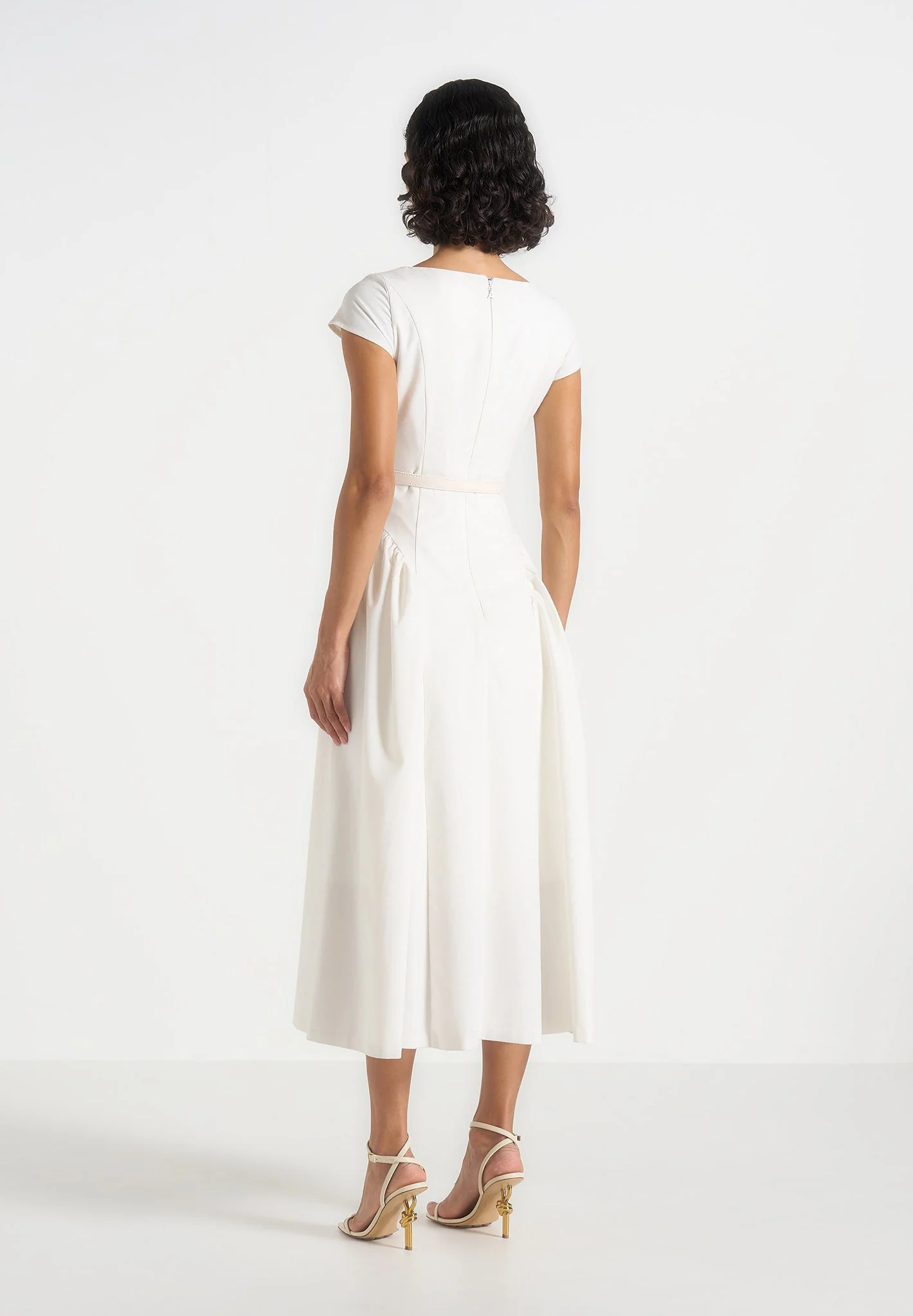 Gaia - Boat Neck Belted Pleated Midi Dress - White - Image 5