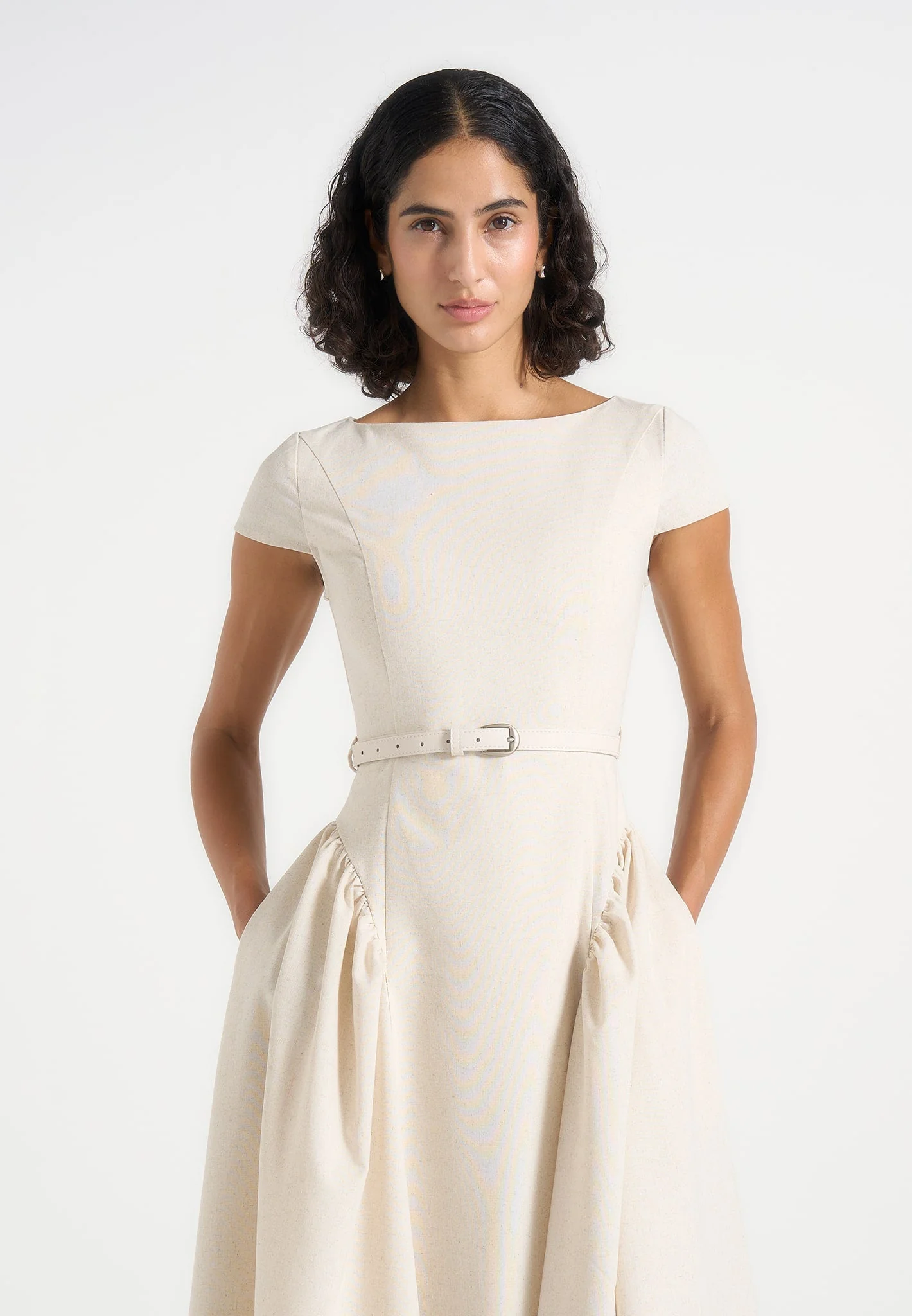 Gaia - Linen Boat Neck Belted Pleated Midi Dress - Natural - Image 4