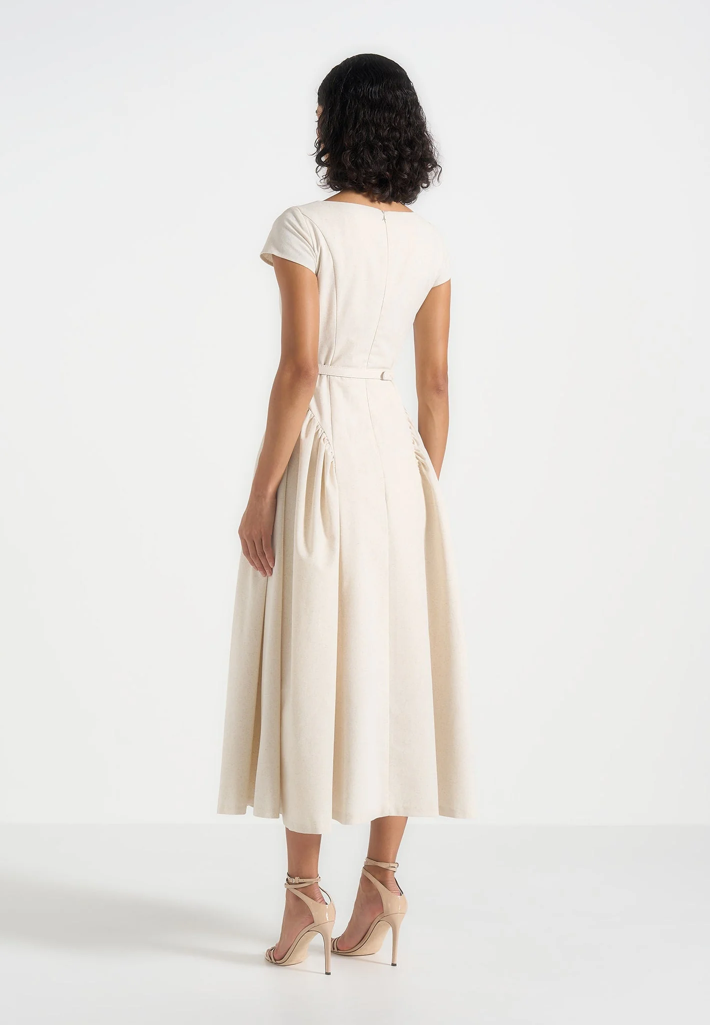 Gaia - Linen Boat Neck Belted Pleated Midi Dress - Natural - Image 5