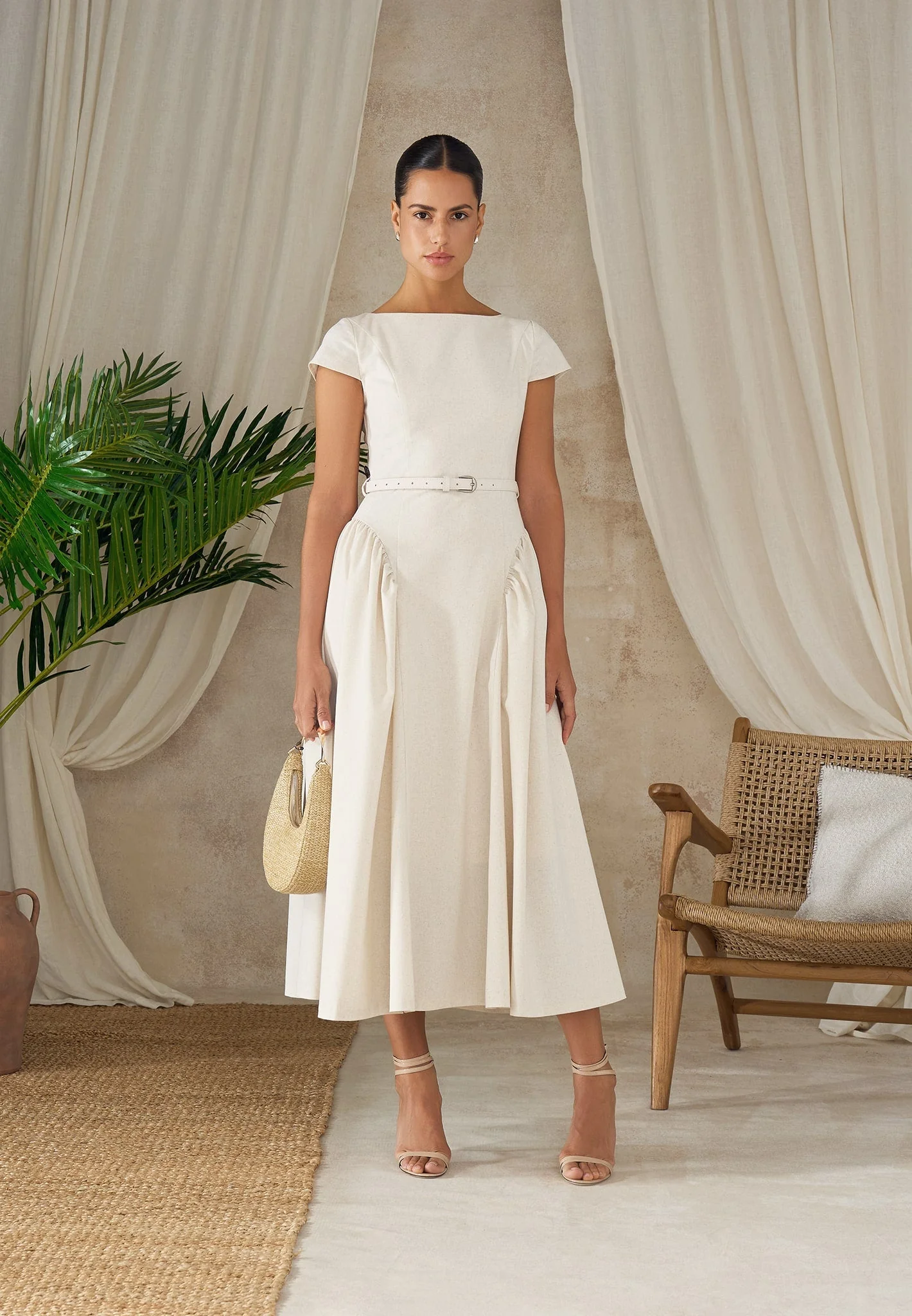 Gaia - Linen Boat Neck Belted Pleated Midi Dress - Natural - Image 6