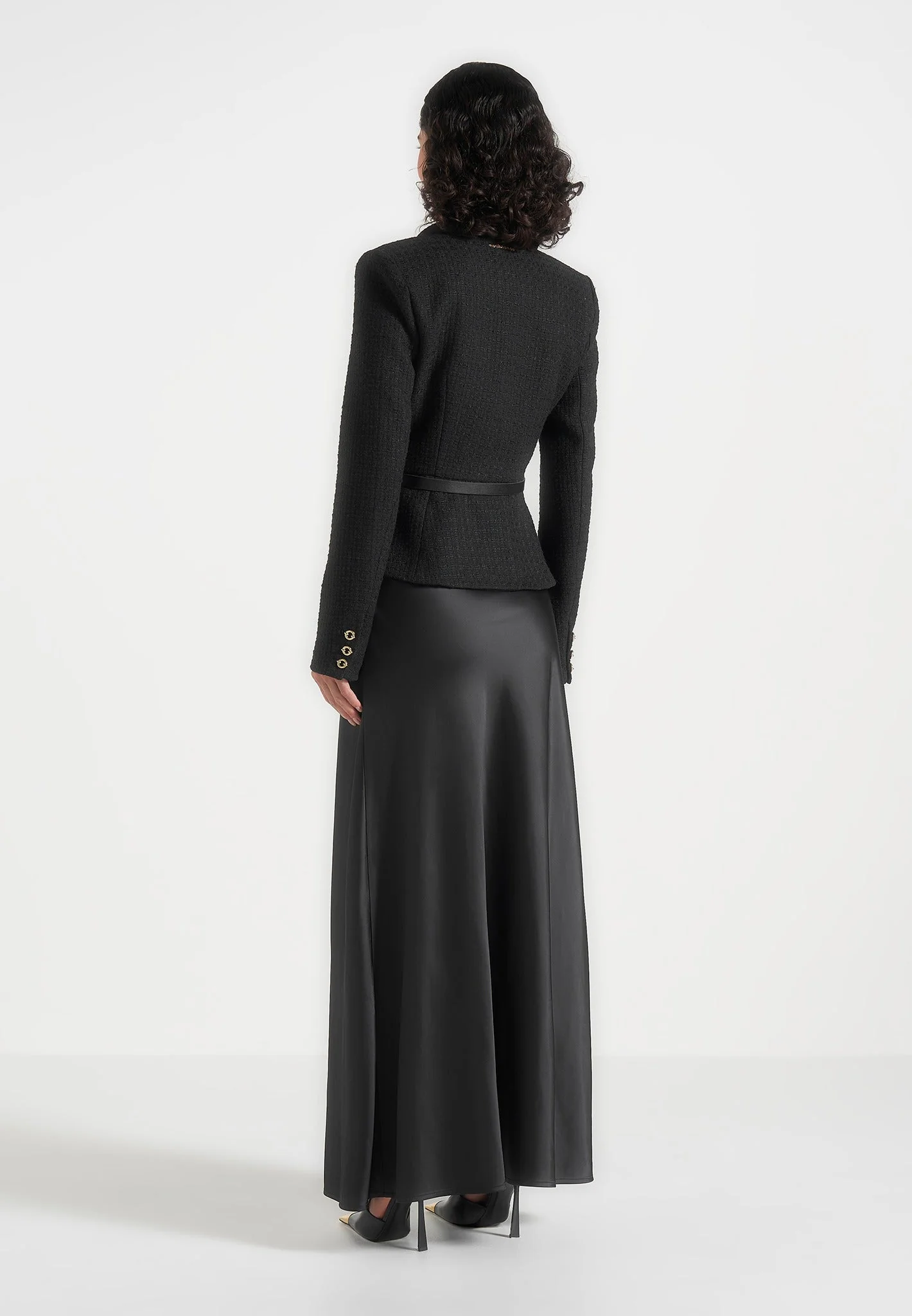 Grace - Boucle And Satin Belted Blazer Maxi Dress - Black - Image 4