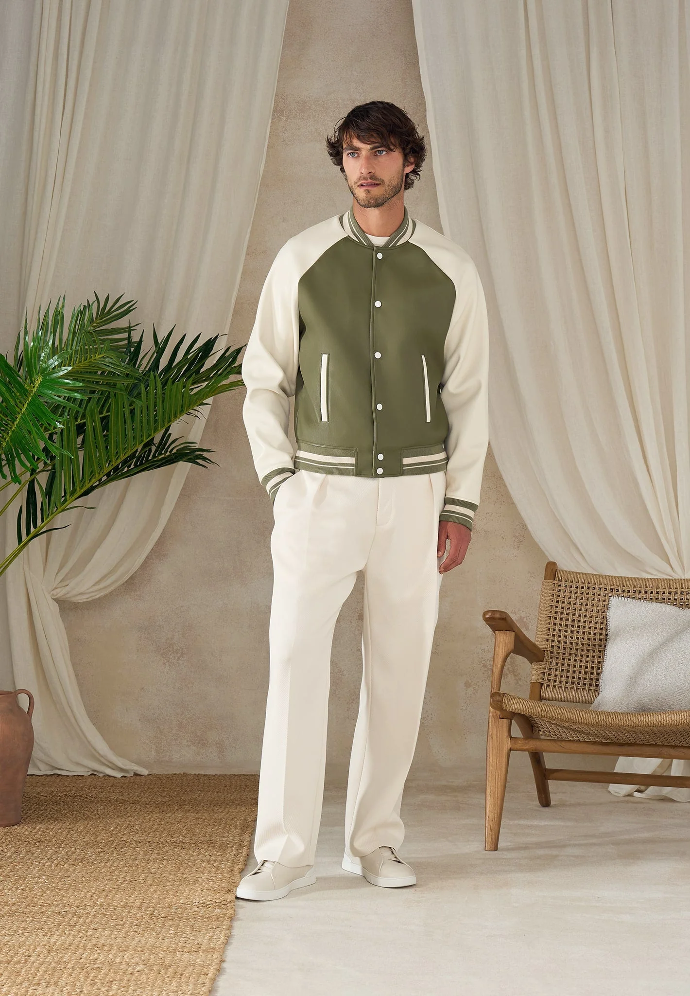 Guy - Contrast Leather Bomber Jacket - Olive/Cream - Image 2