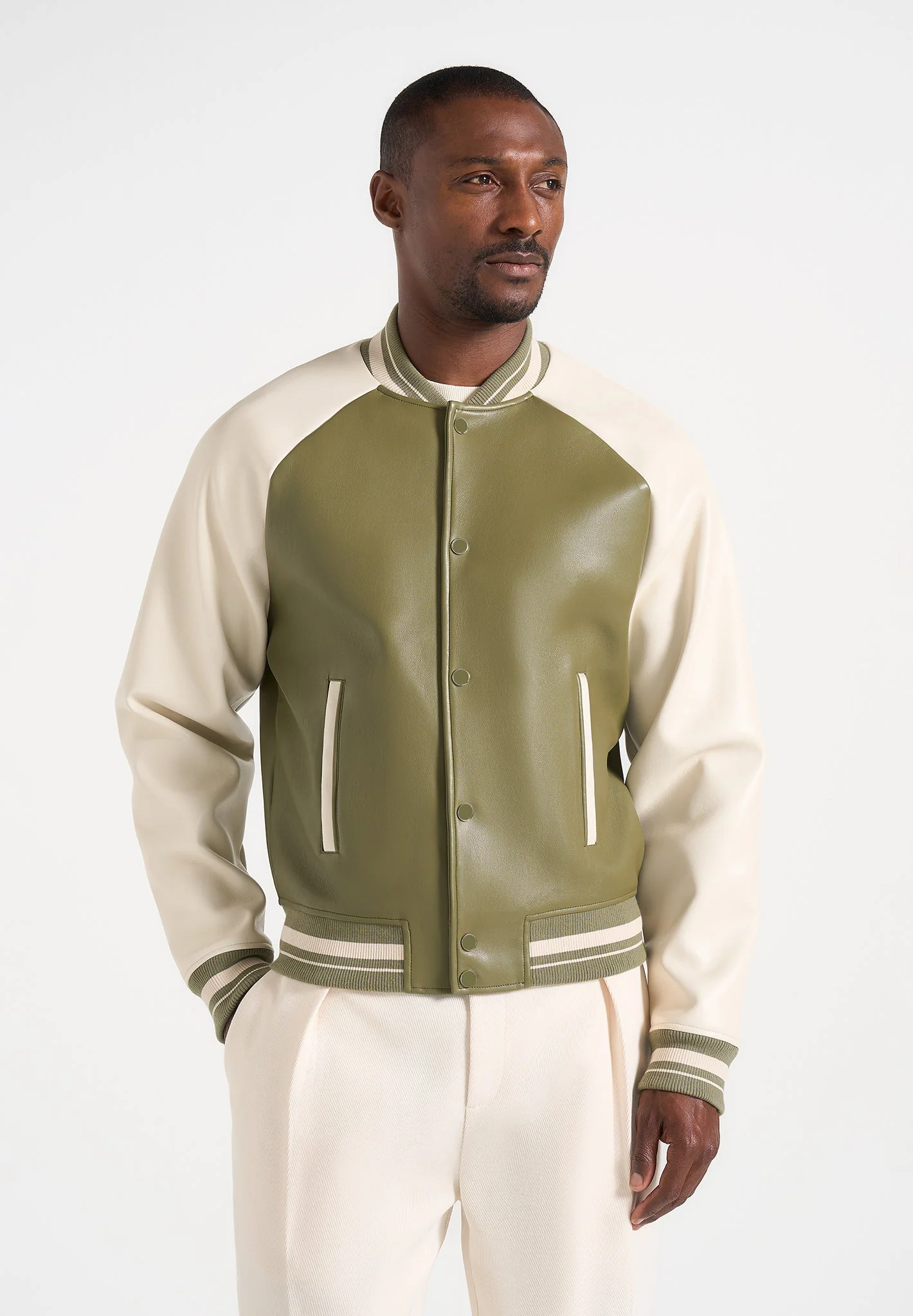 Guy - Contrast Leather Bomber Jacket - Olive/Cream - Image 3