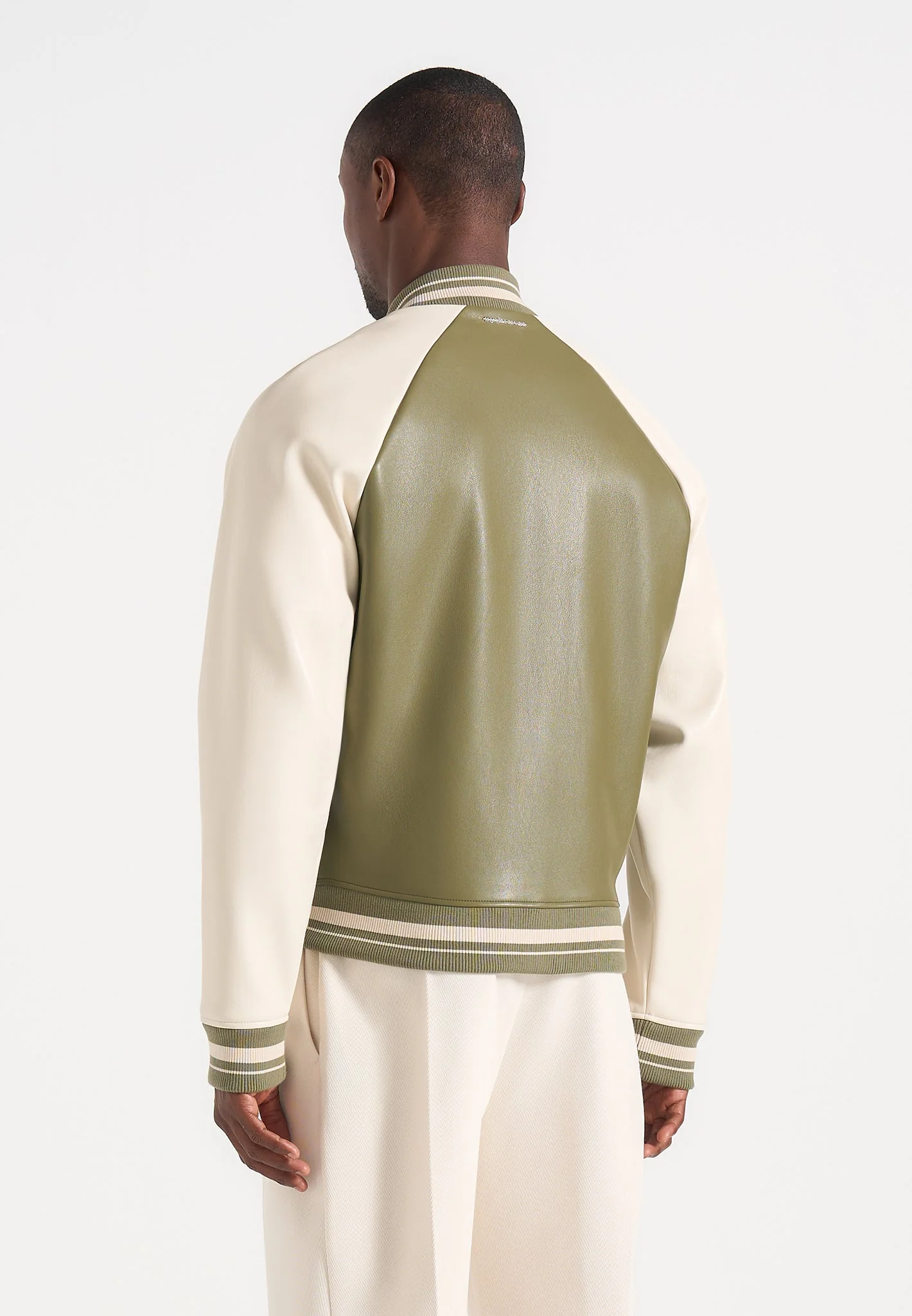 Guy - Contrast Leather Bomber Jacket - Olive/Cream - Image 4