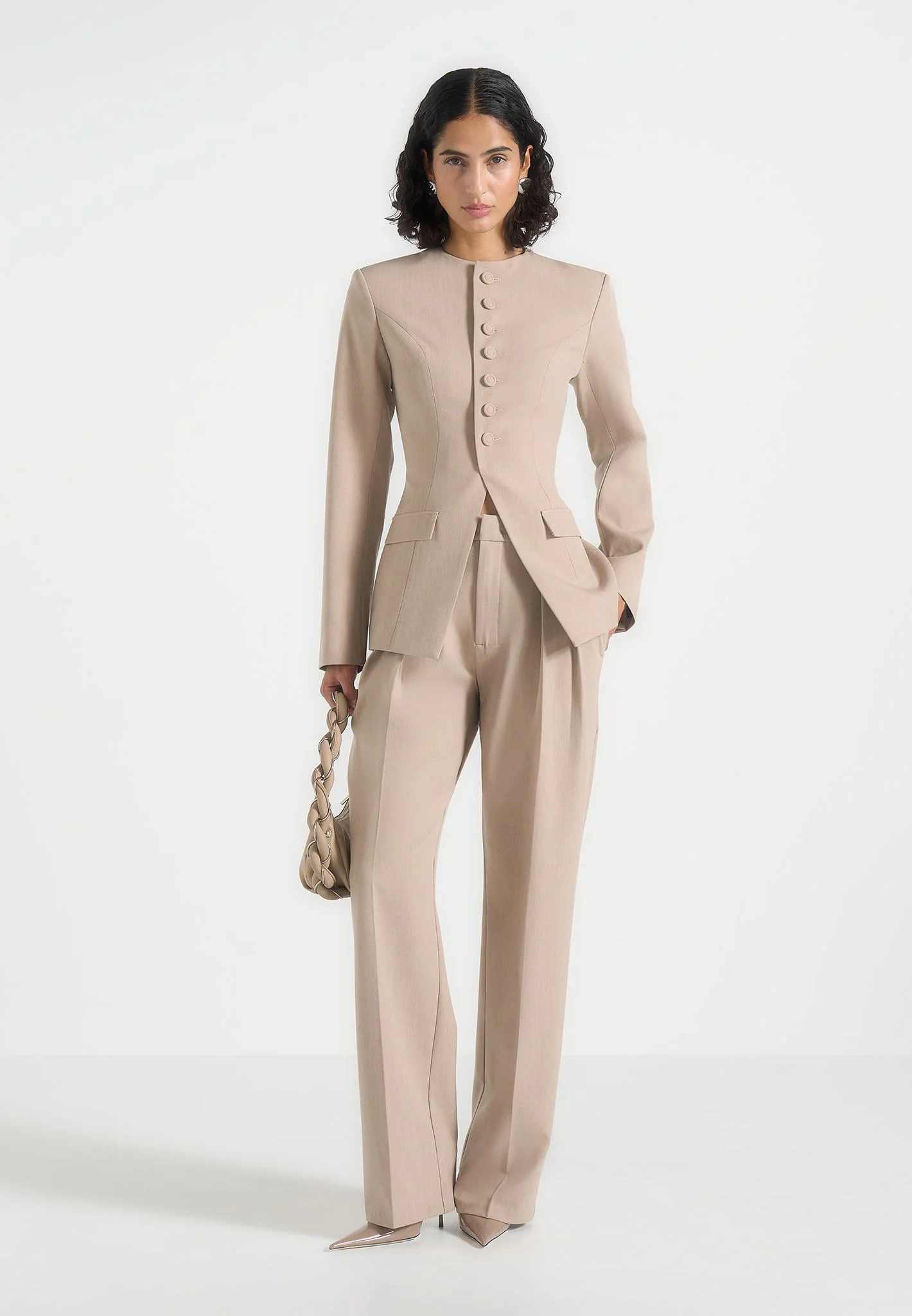 Harper - Tailored Cinch Blazer With Detachable Collar - Beige - Image 2