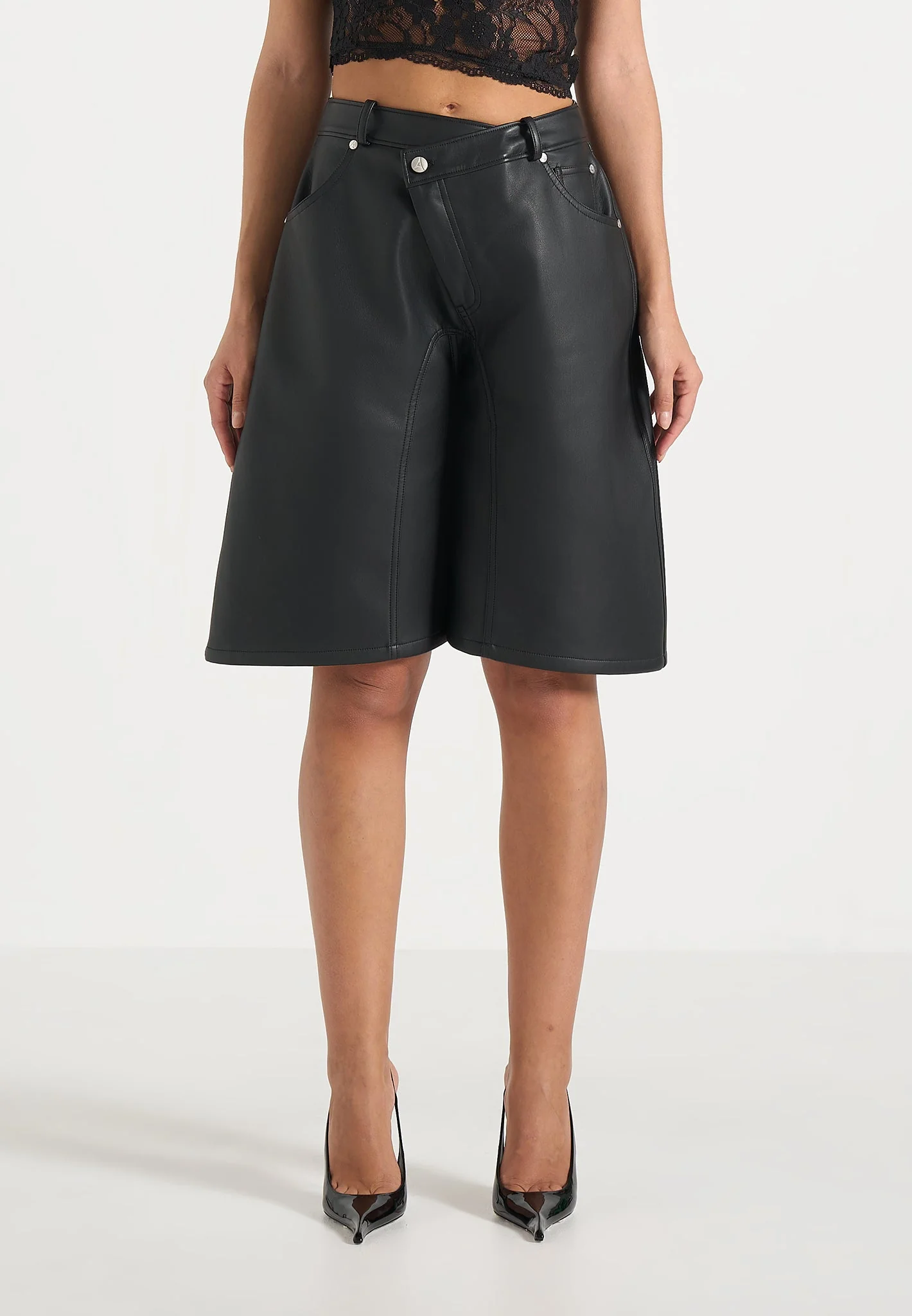 Hazel - Leather Wrapover Bermuda Shorts - Black - Image 2