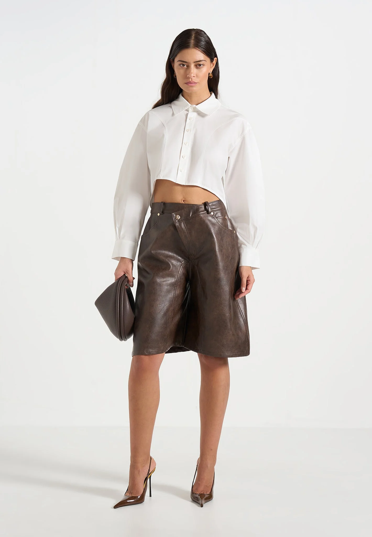 Hazel - Vintage Leather Wrapover Bermuda Shorts - Brown