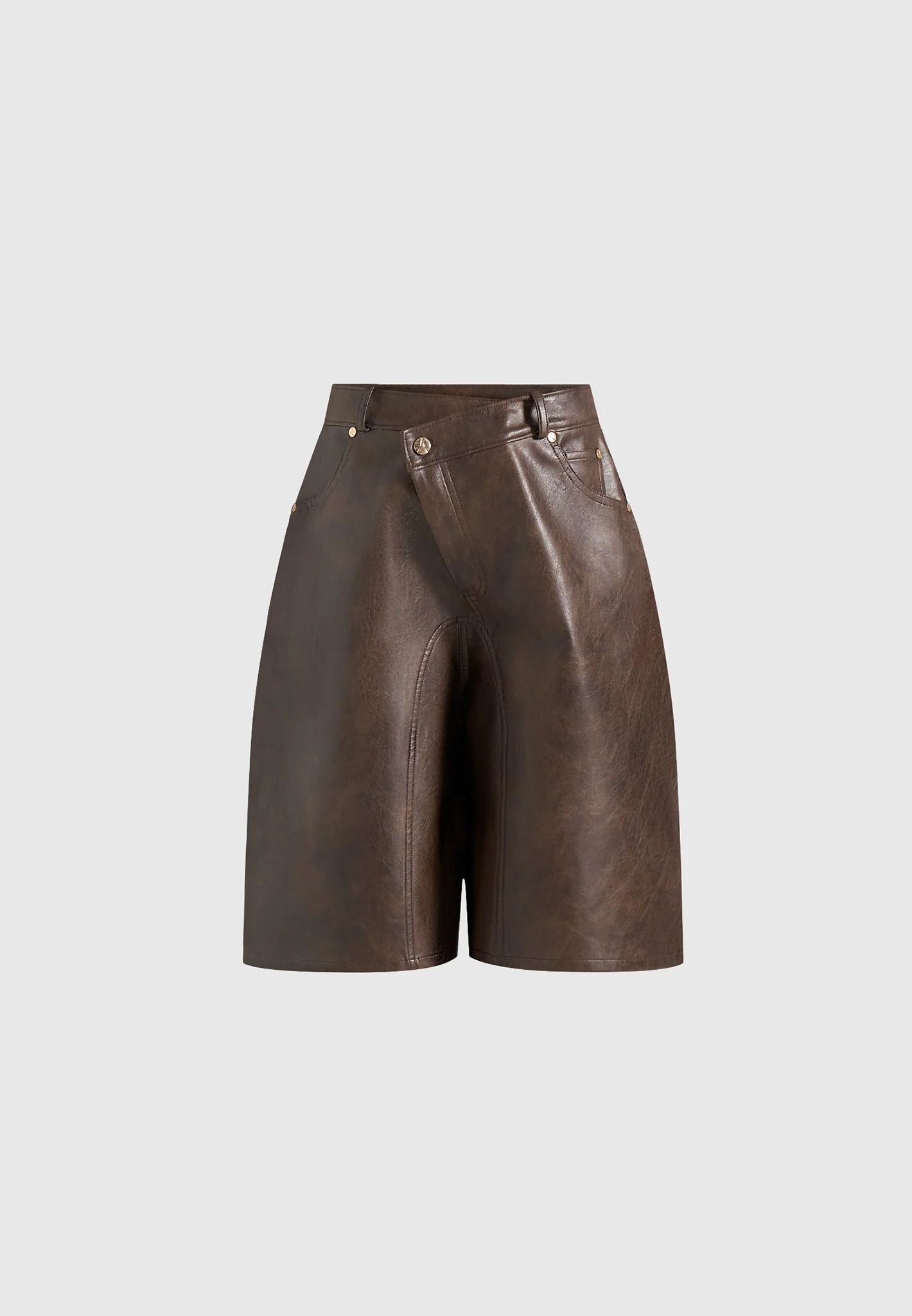 Hazel - Vintage Leather Wrapover Bermuda Shorts - Brown - Image 6
