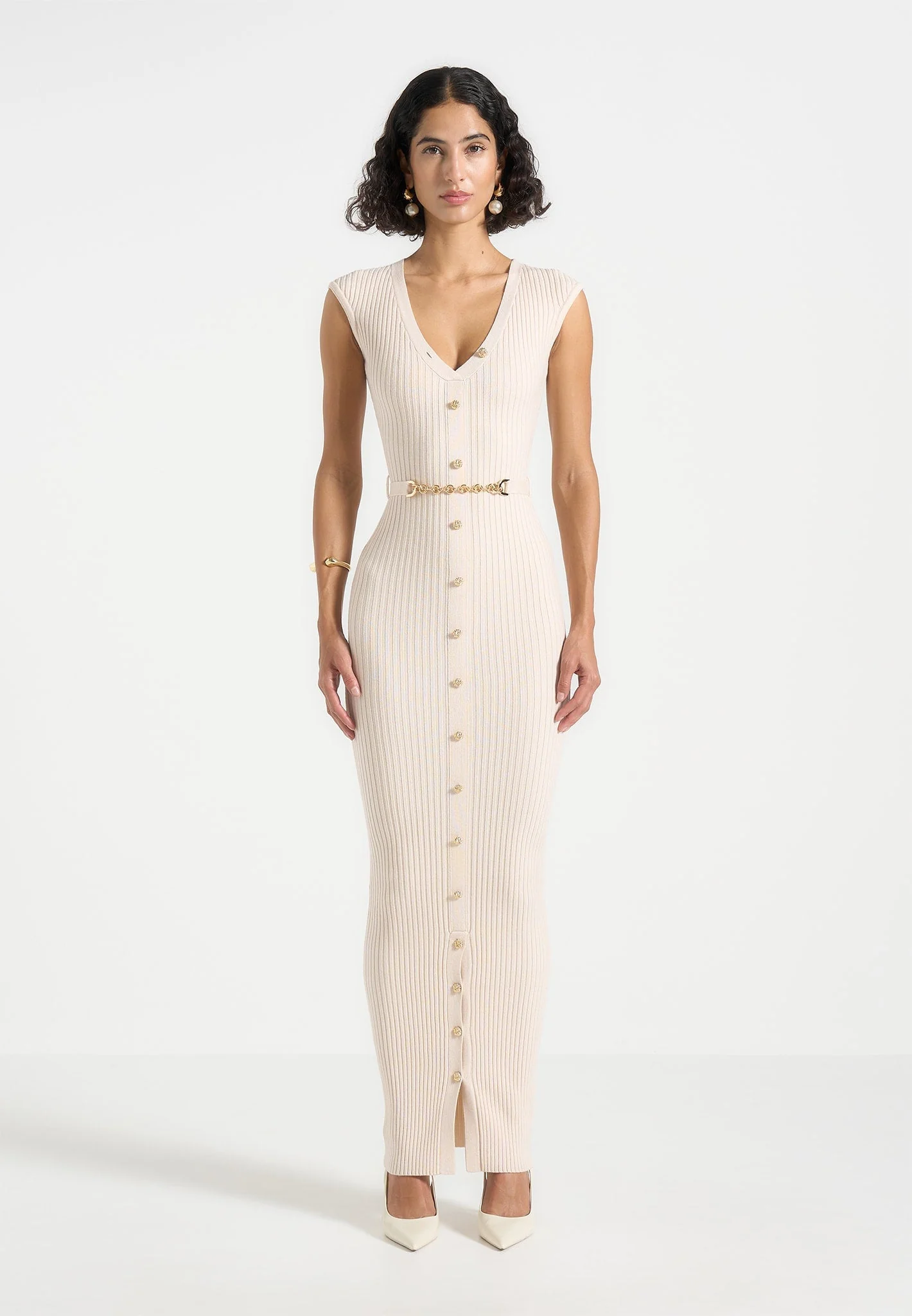 Helene - Knitted Maxi Dress with Belt - Beige - Image 3