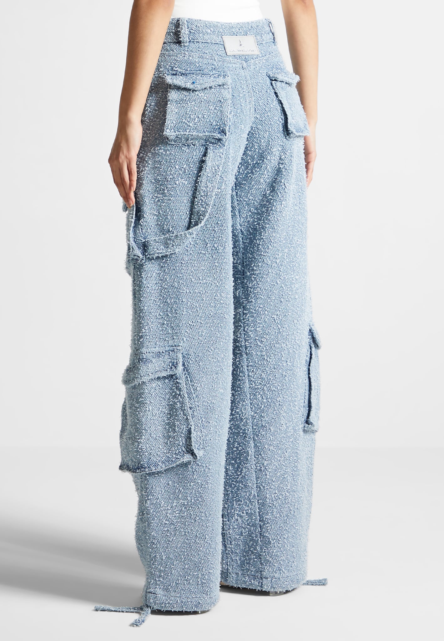 Anne - Denim High Waisted Boucle Cargo Pants - Mid Blue - Image 4