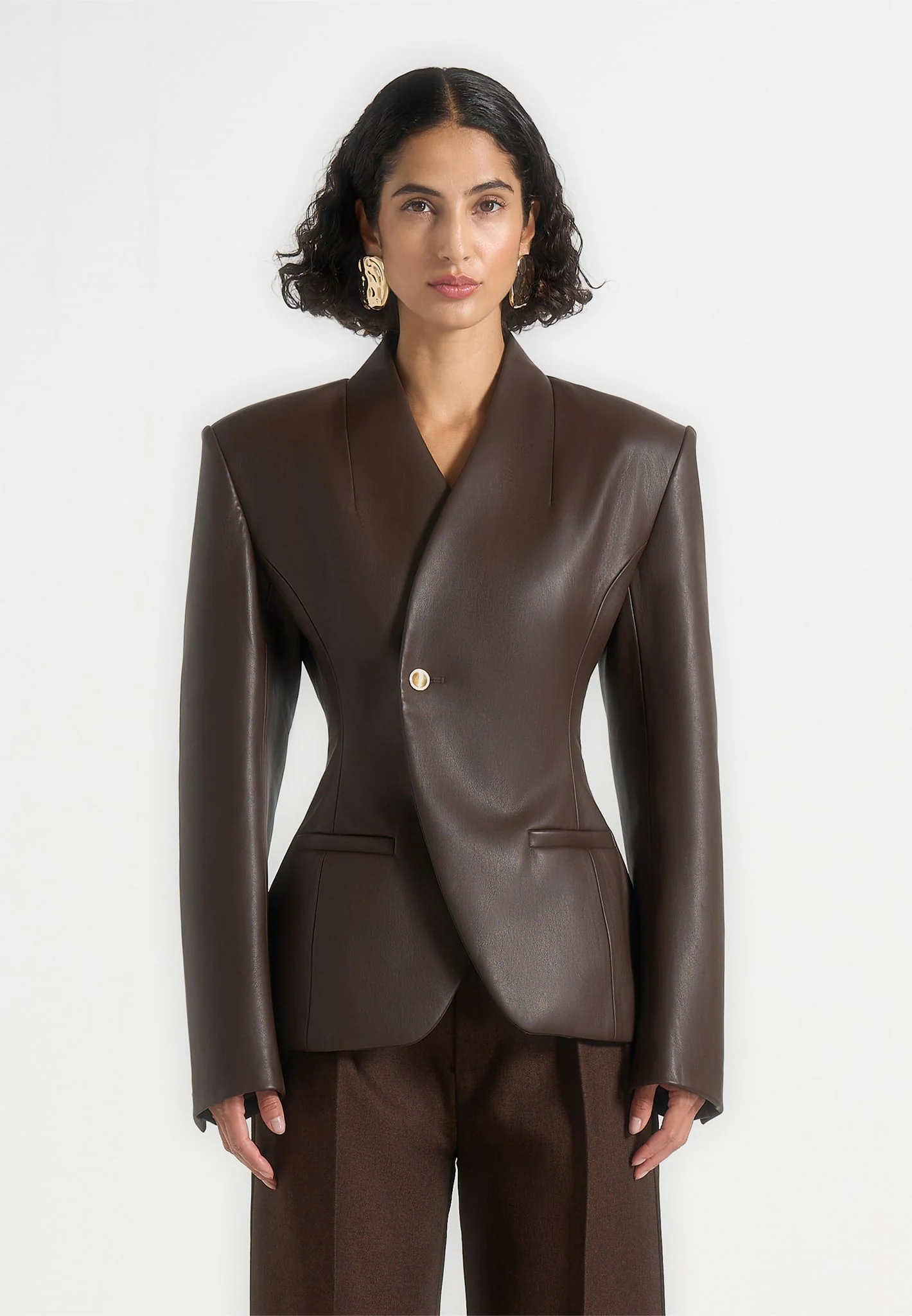 Ina - Leather Cinched Waist Kimono Blazer - Brown - Image 3
