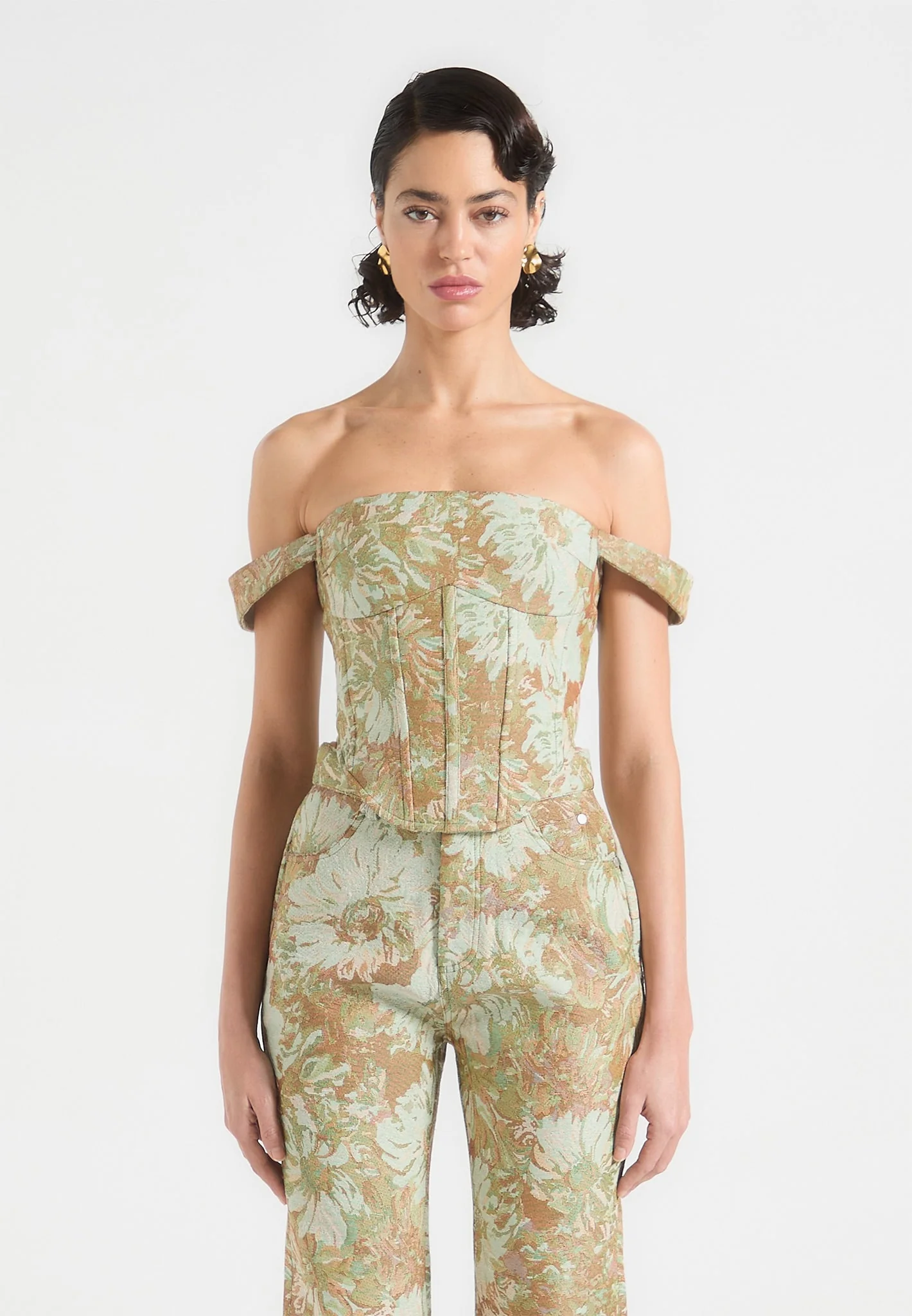 Bonnie - Jacquard Bardot Corset Top - Sage - Image 4