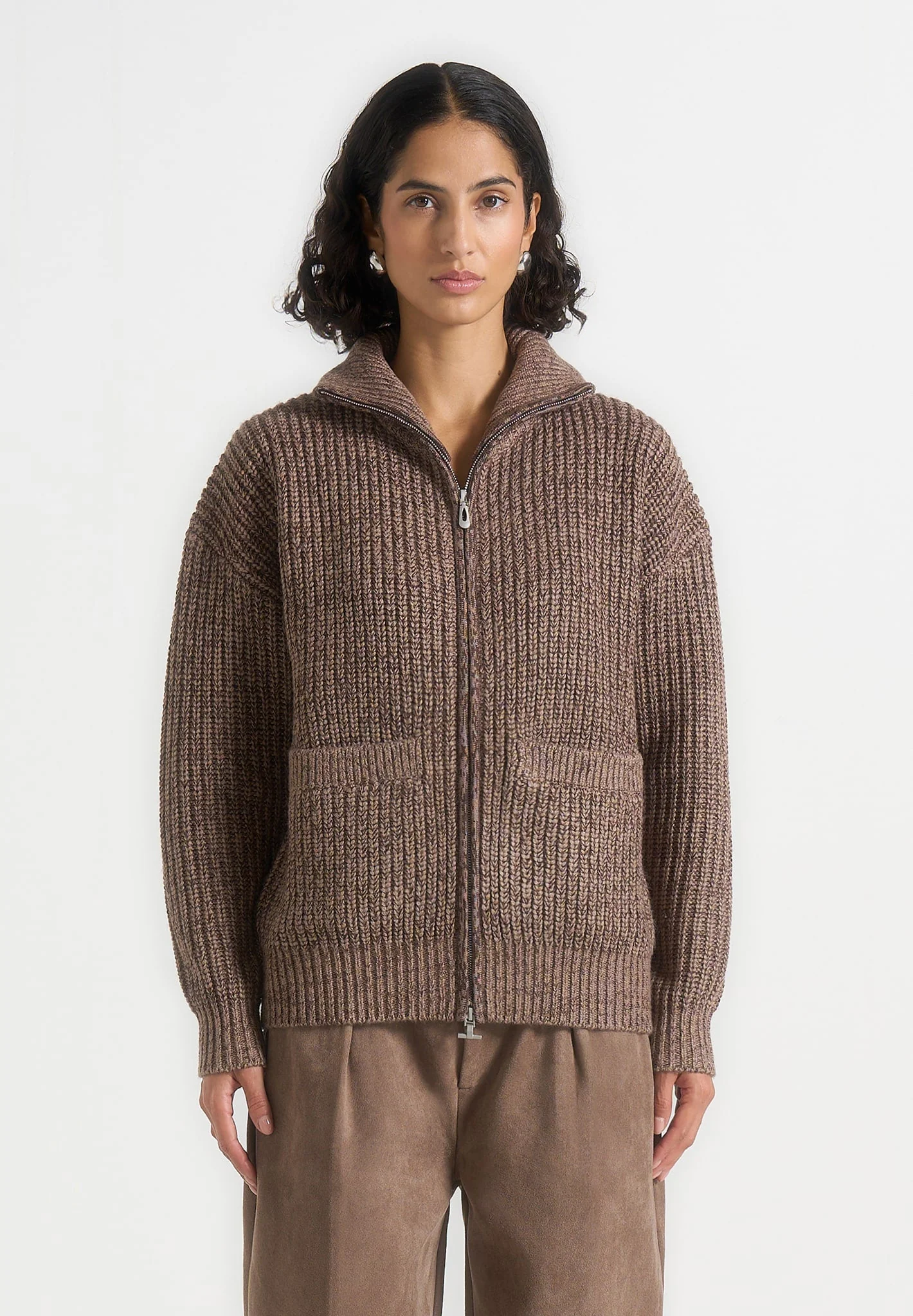 Jamie - Unisex Speckled Zip Through Jacket - Taupe - Image 3