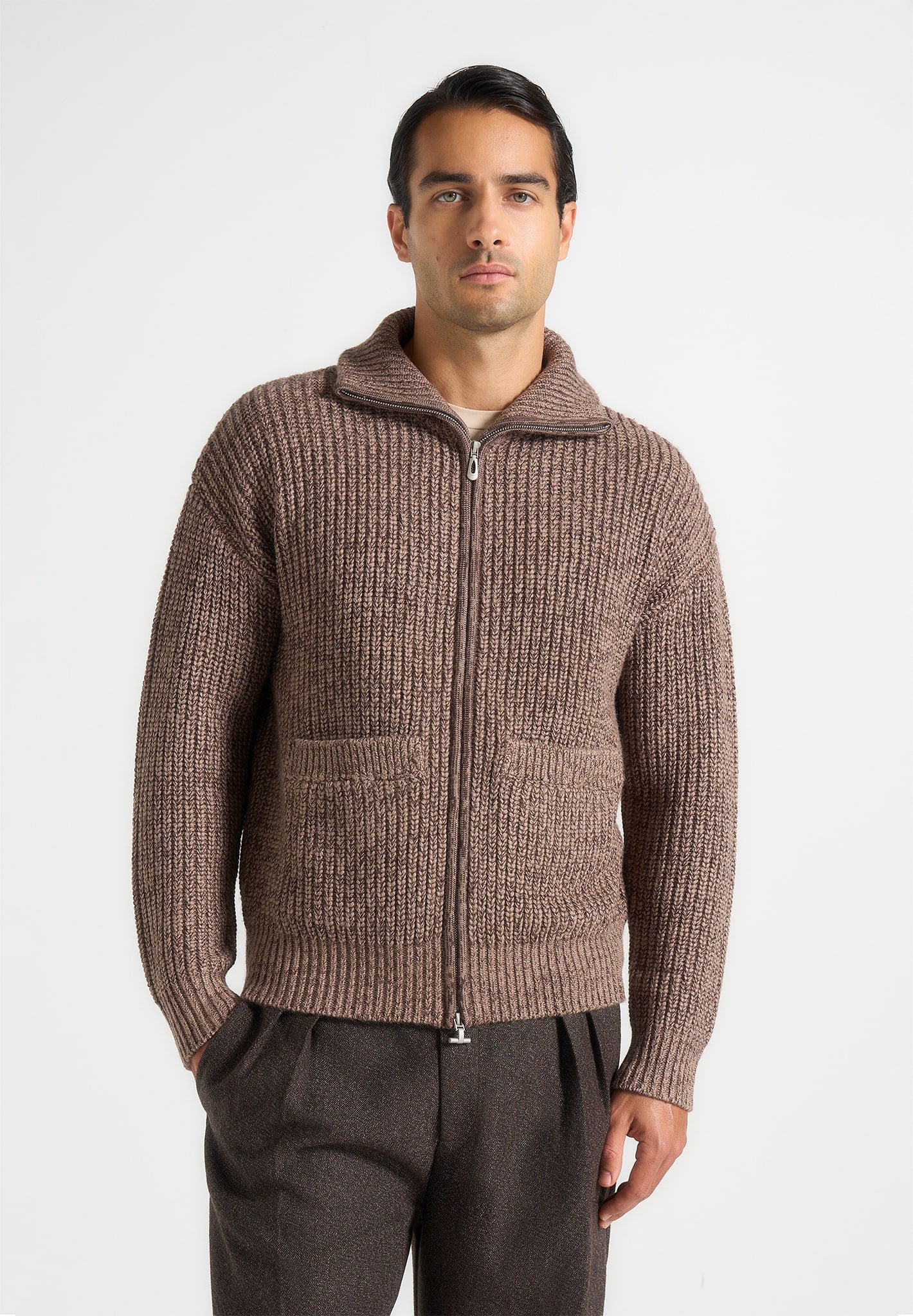 Jamie - Unisex Speckled Zip Through Jacket - Taupe - Image 4