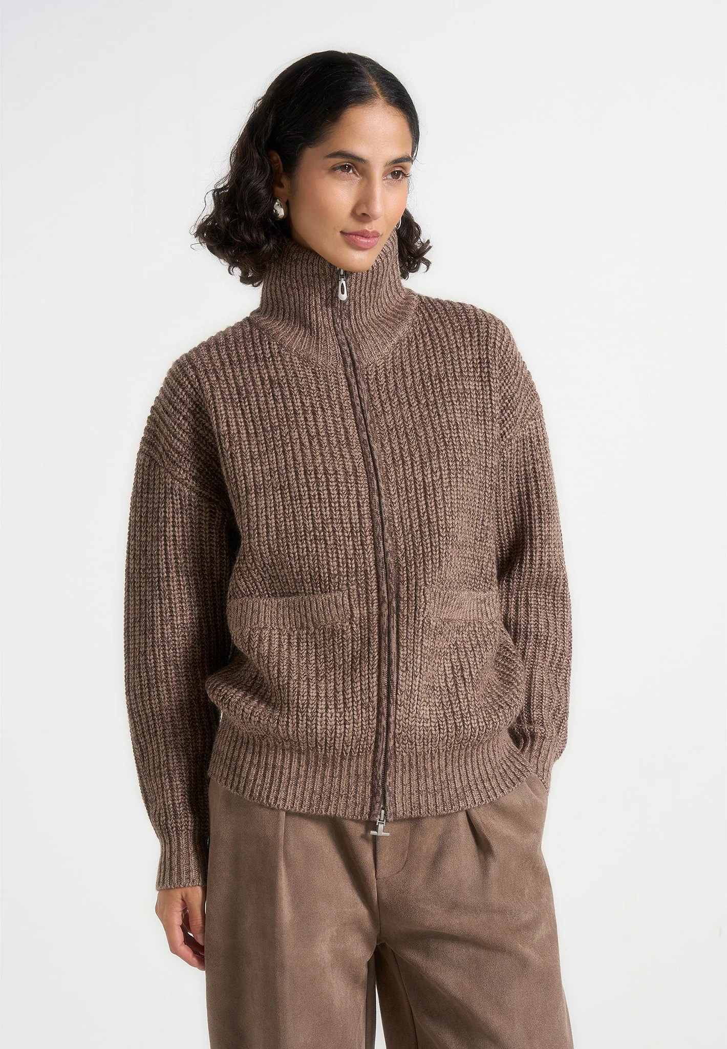 Jamie - Unisex Speckled Zip Through Jacket - Taupe - Image 5