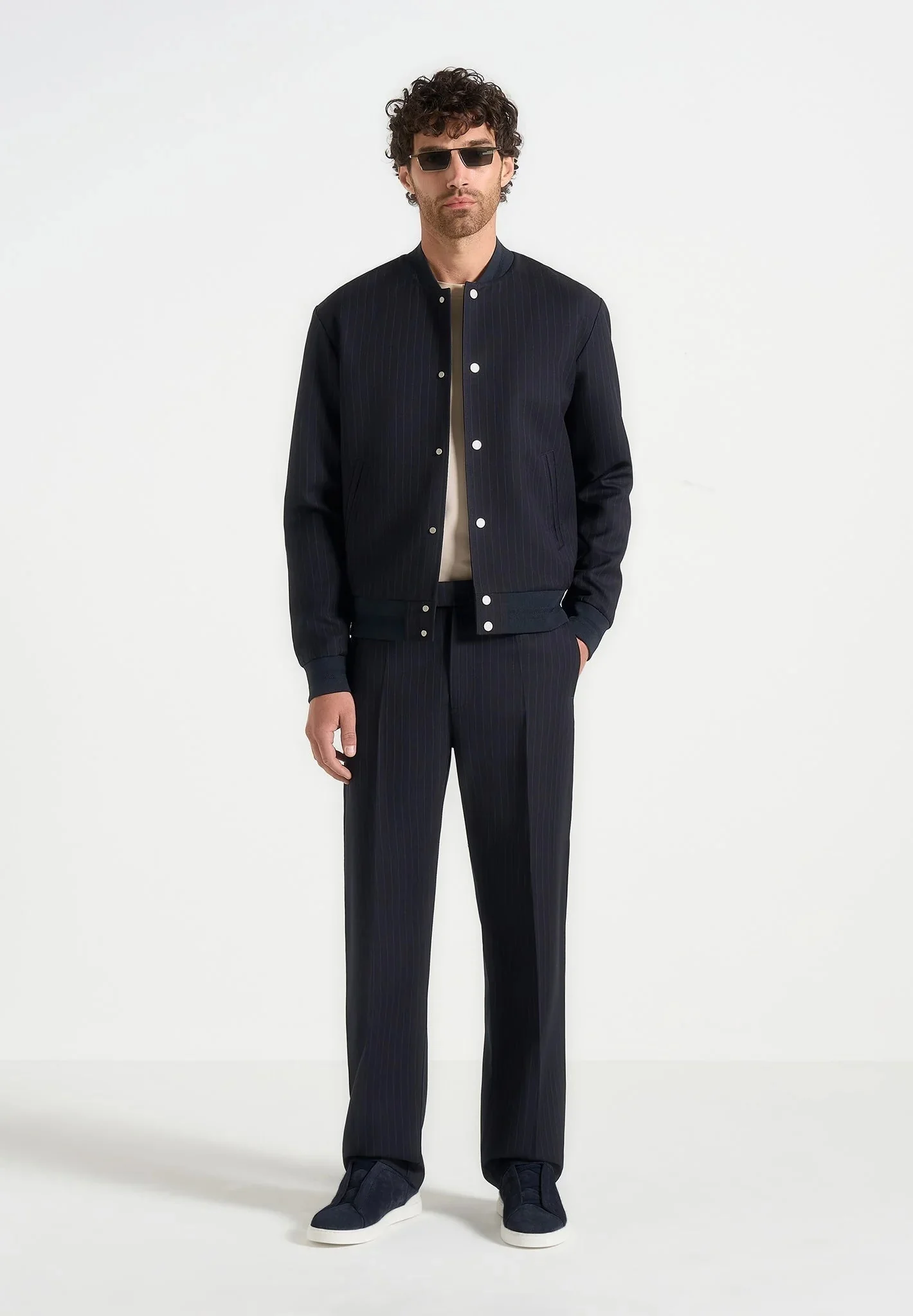 Joseph - Regular Fit Pinstripe Tailored Trousers - Navy - Image 2