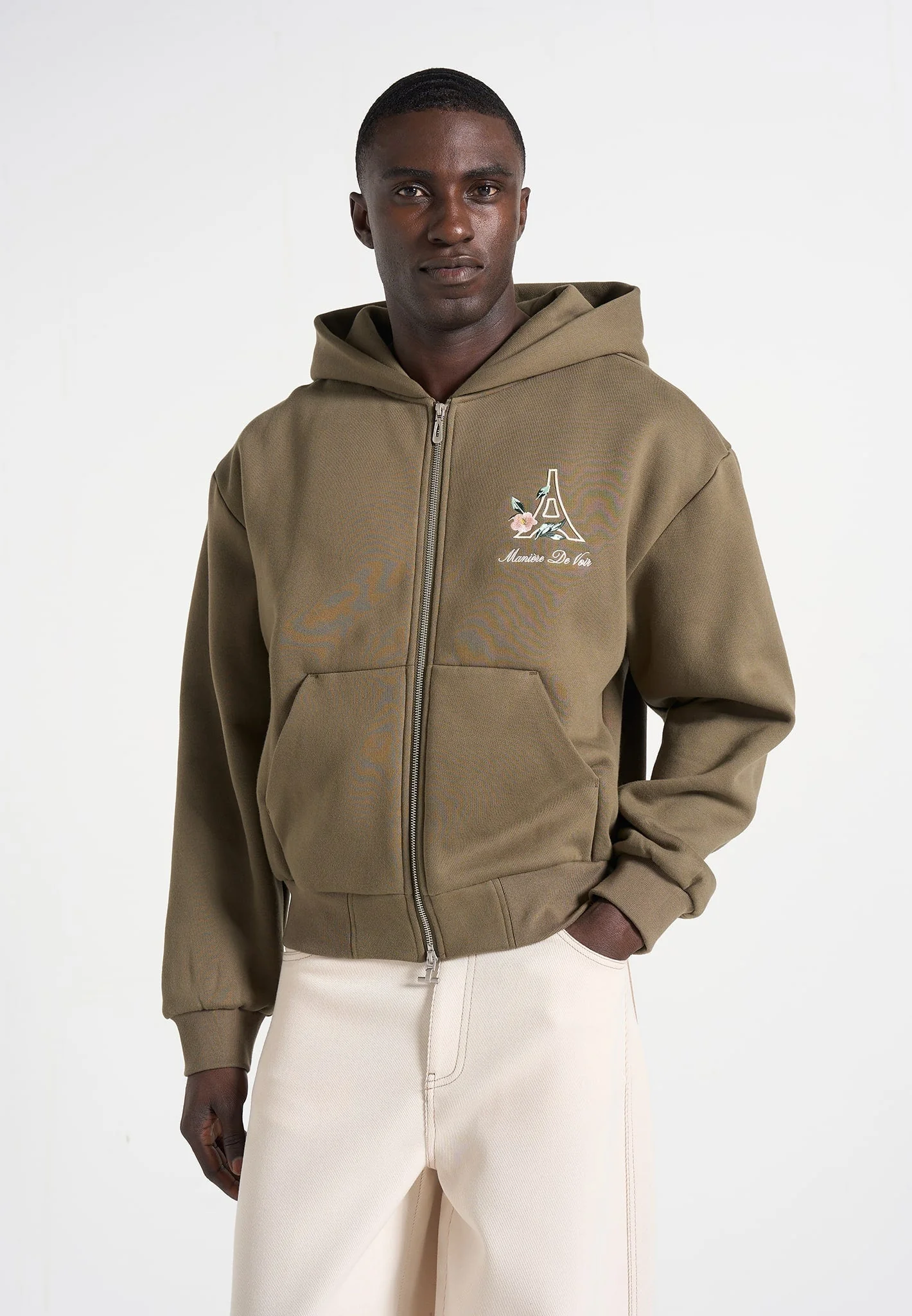 JS009 - Unisex Floral Eiffel Zip Hoodie - Olive - Image 2