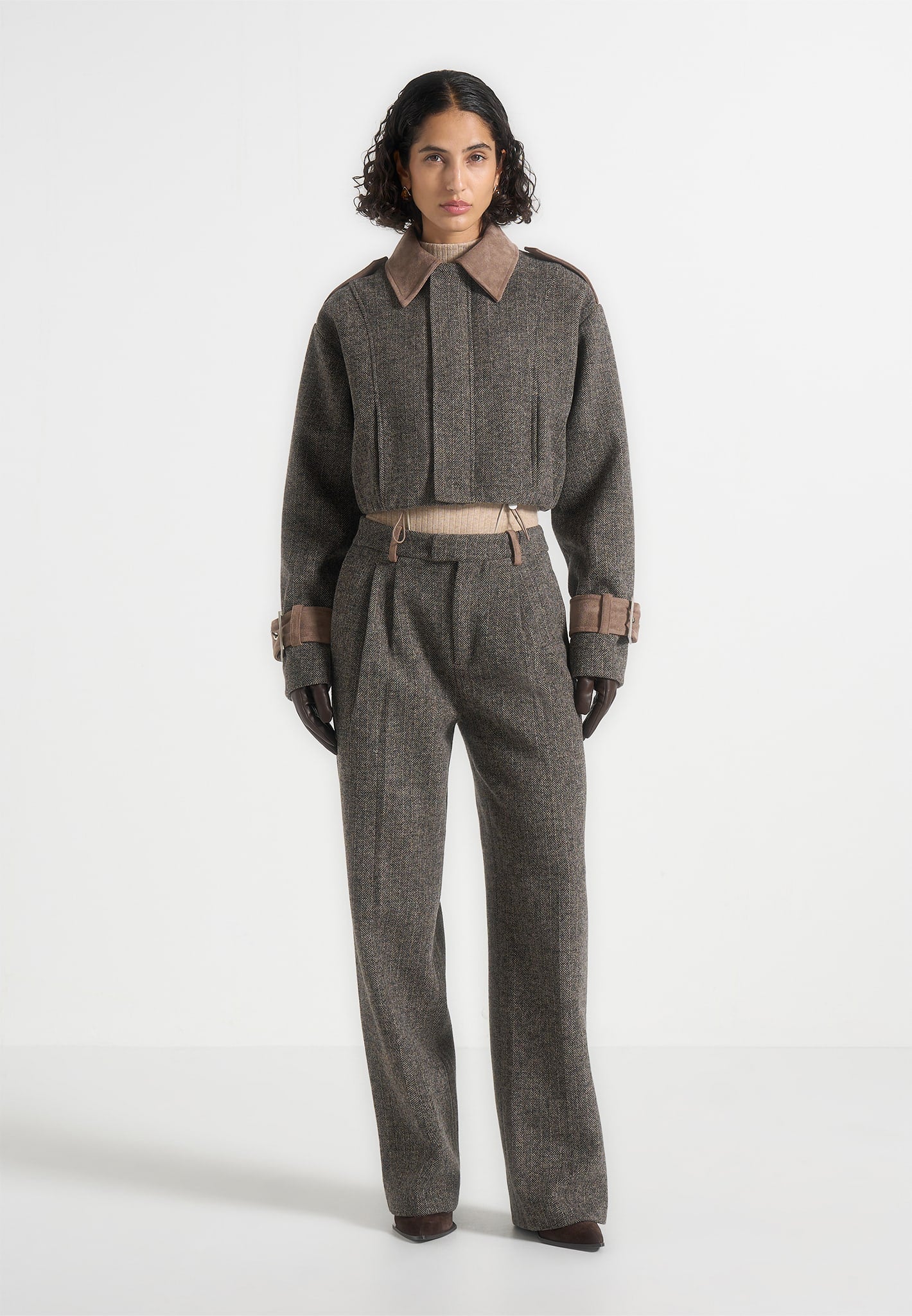 Julie - Herringbone Wool Twin Pleat Trousers - Grey - Image 2