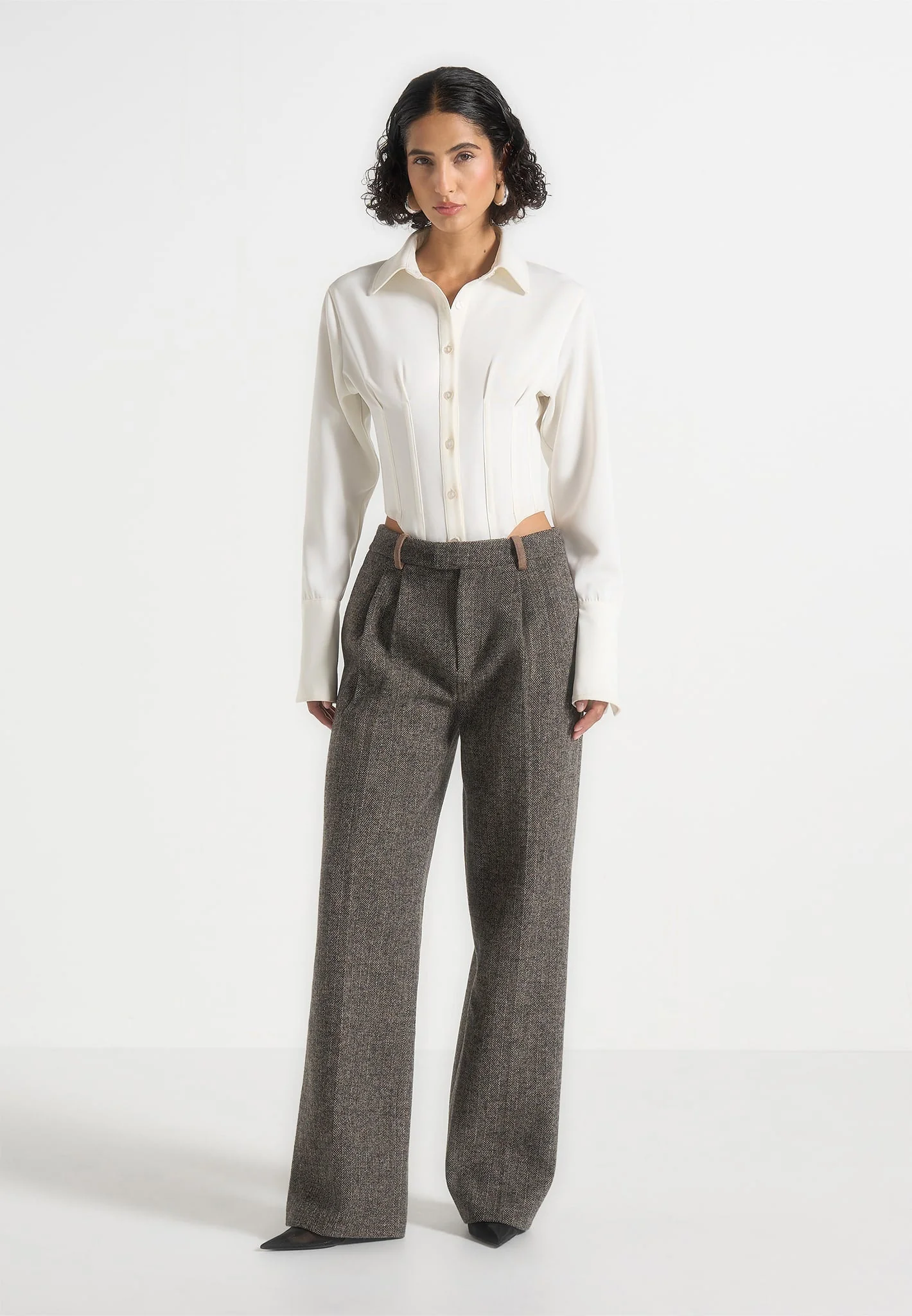 Julie - Herringbone Wool Twin Pleat Trousers - Grey - Image 3