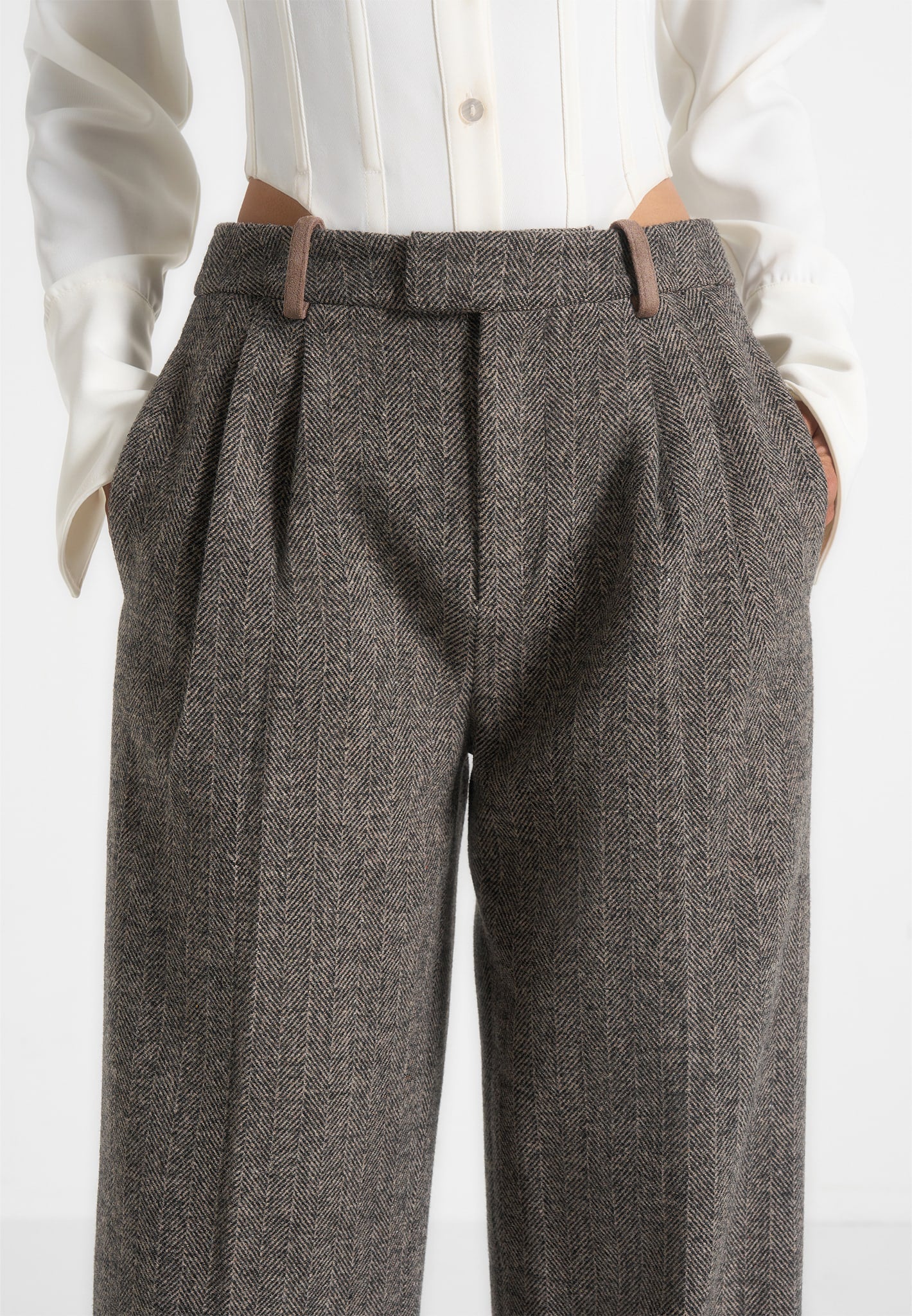 Julie - Herringbone Wool Twin Pleat Trousers - Grey - Image 5