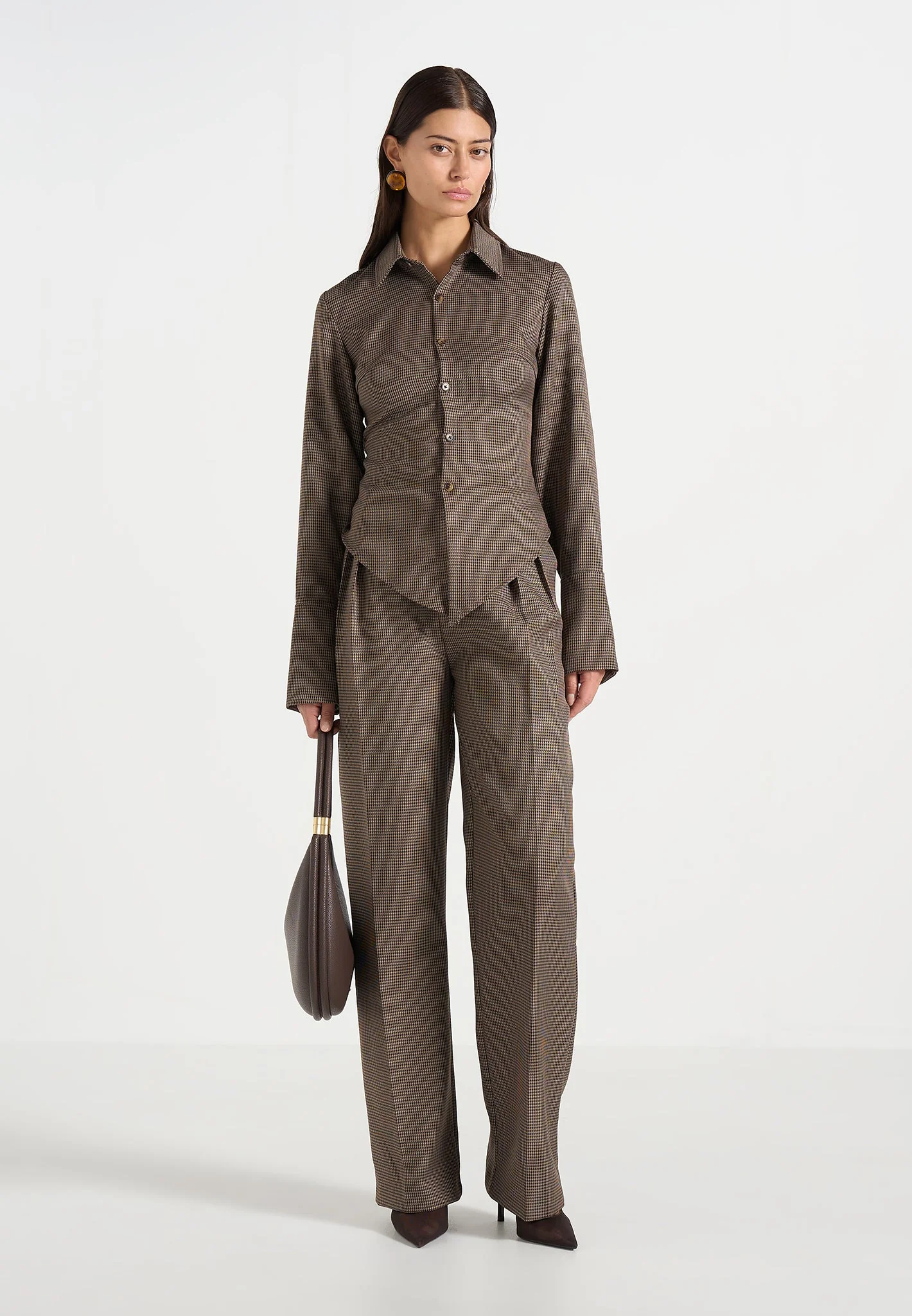 Julie - Houndstooth Twin Pleat Trousers - Brown