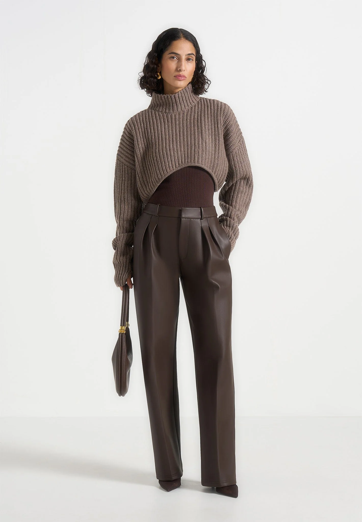 Julie - Leather Twin Pleat Trousers - Brown - Image 2